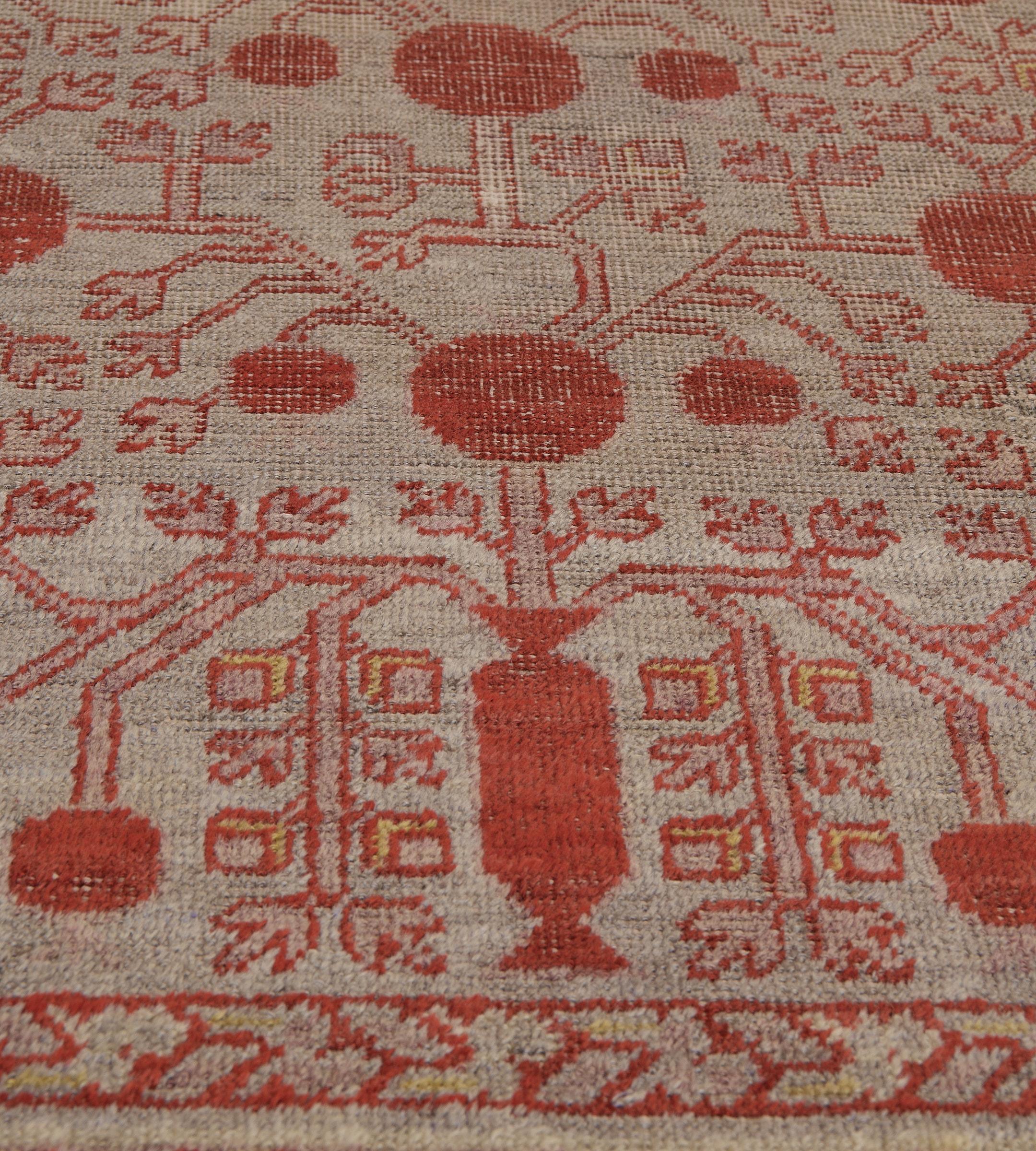 East Turkestani Wool Hand-Woven Antique Coral-Red Pomegranate Khotan Rug For Sale