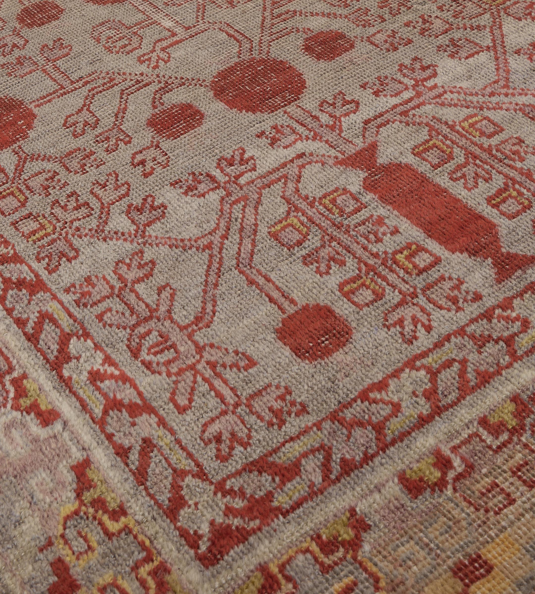 Hand-Knotted Wool Hand-Woven Antique Coral-Red Pomegranate Khotan Rug For Sale