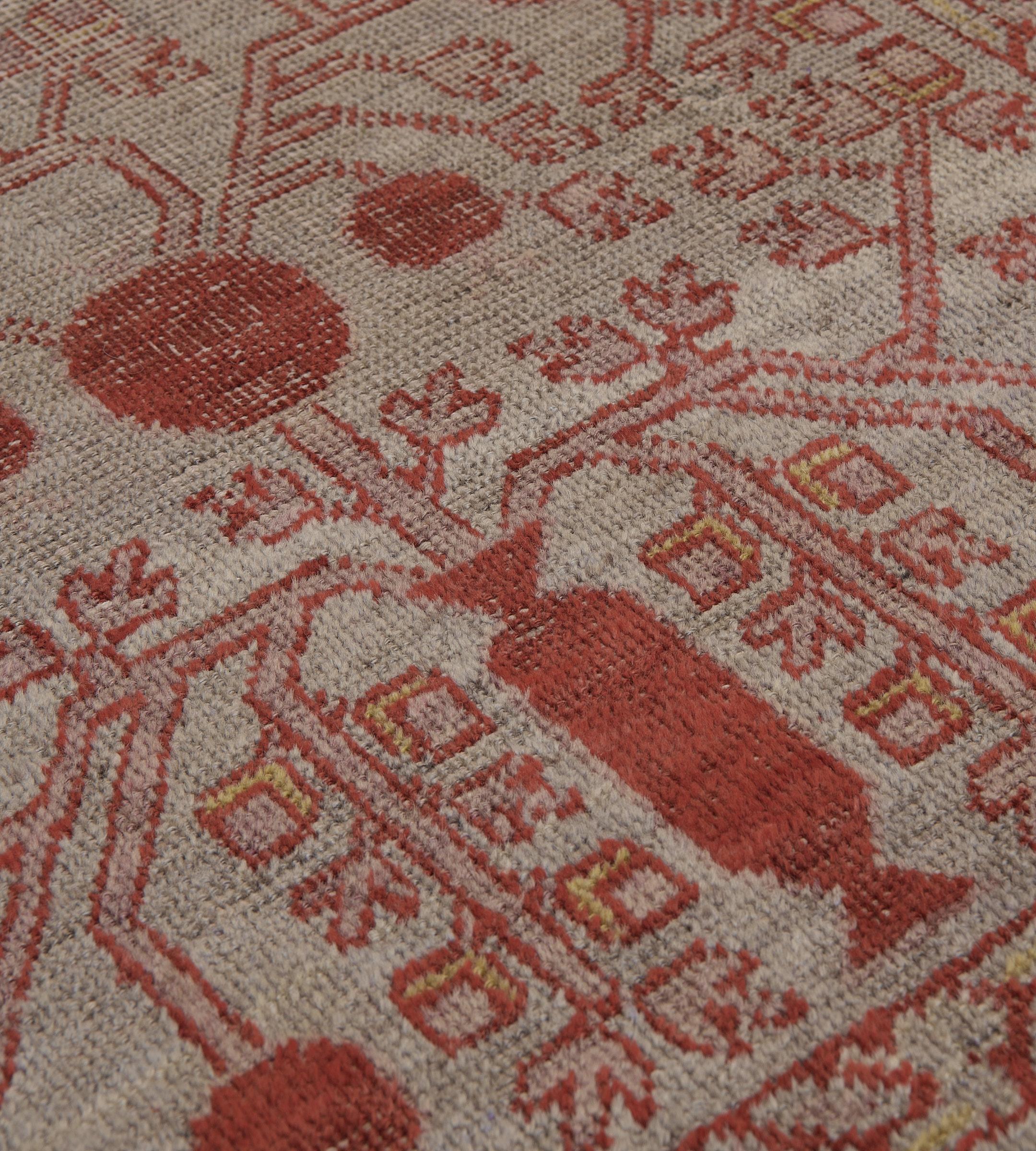 Wool Hand-Woven Antique Coral-Red Pomegranate Khotan Rug In Good Condition For Sale In West Hollywood, CA