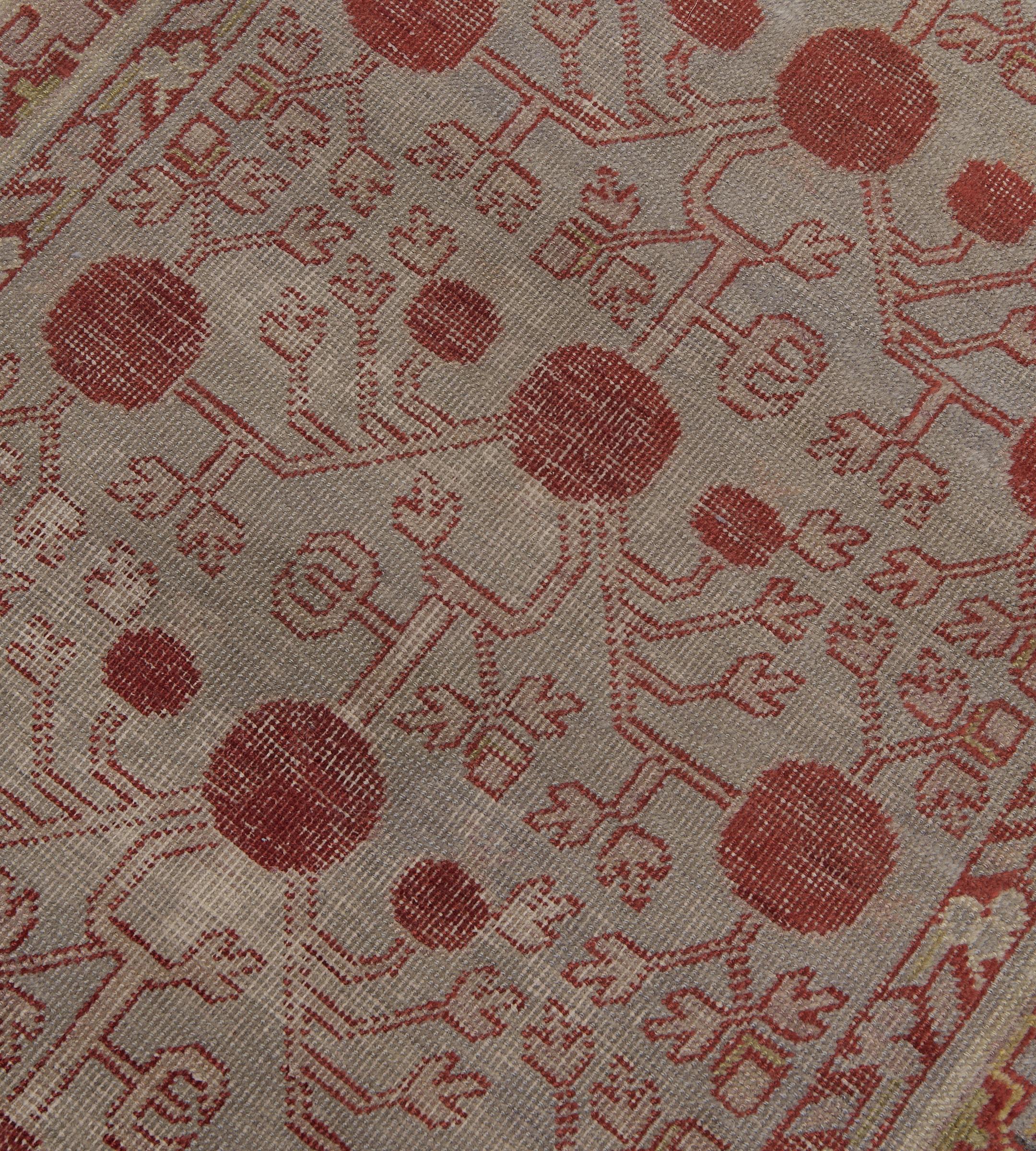 Wool Hand-Woven Antique Coral-Red Pomegranate Khotan Rug For Sale 1