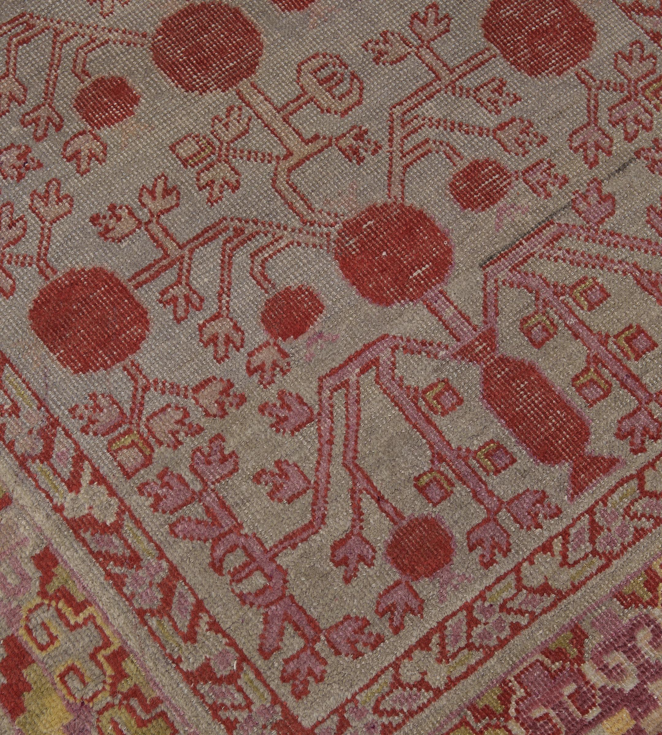 Wool Hand-Woven Antique Coral-Red Pomegranate Khotan Rug For Sale 2
