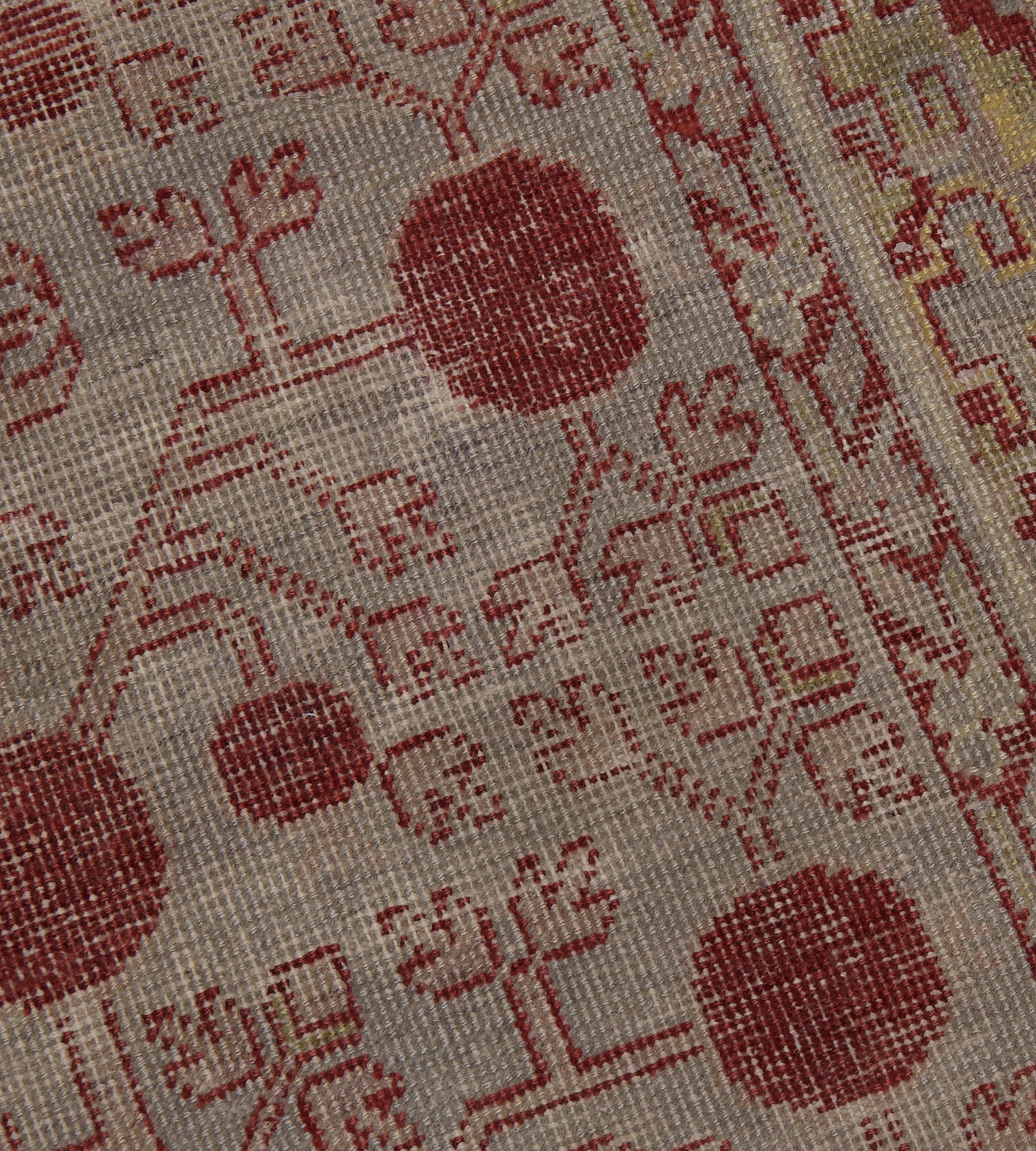Wool Hand-Woven Antique Coral-Red Pomegranate Khotan Rug For Sale 3