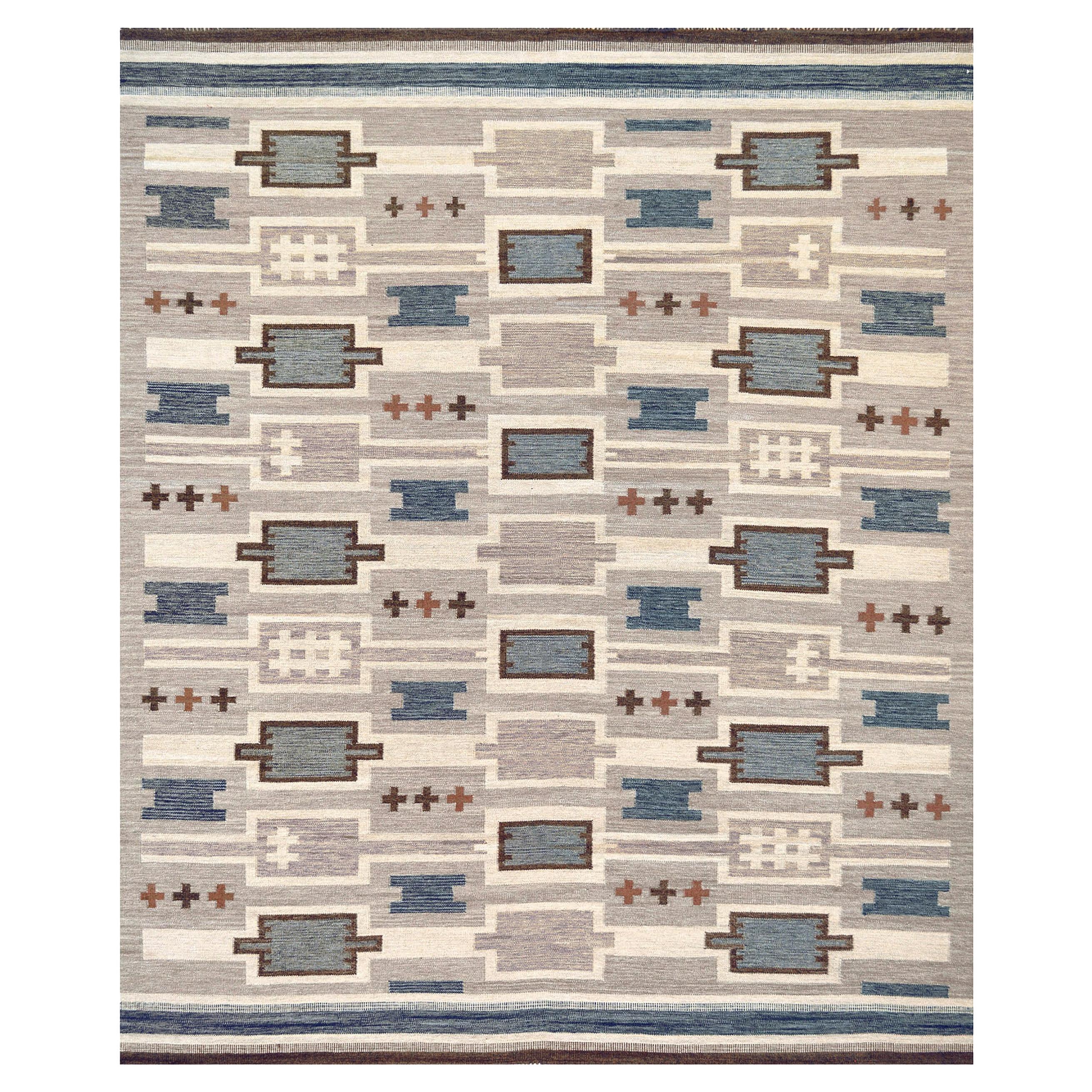 Wool Hand-Woven Swedish Style Blue and Gray Flat-Weave Rug