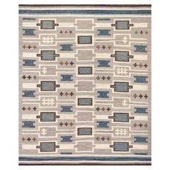 Wool Hand-Woven Swedish Style Blue and Gray Flat-Weave Rug