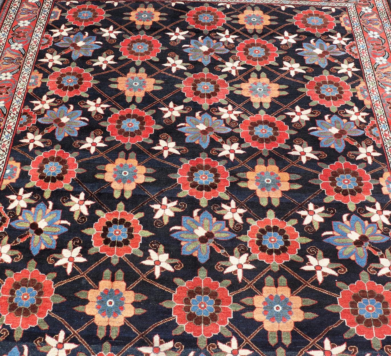 Hand-Knotted Wool Handknotted Antique Persian Gallery Bakhitari Rug in All-Over Floral Design For Sale