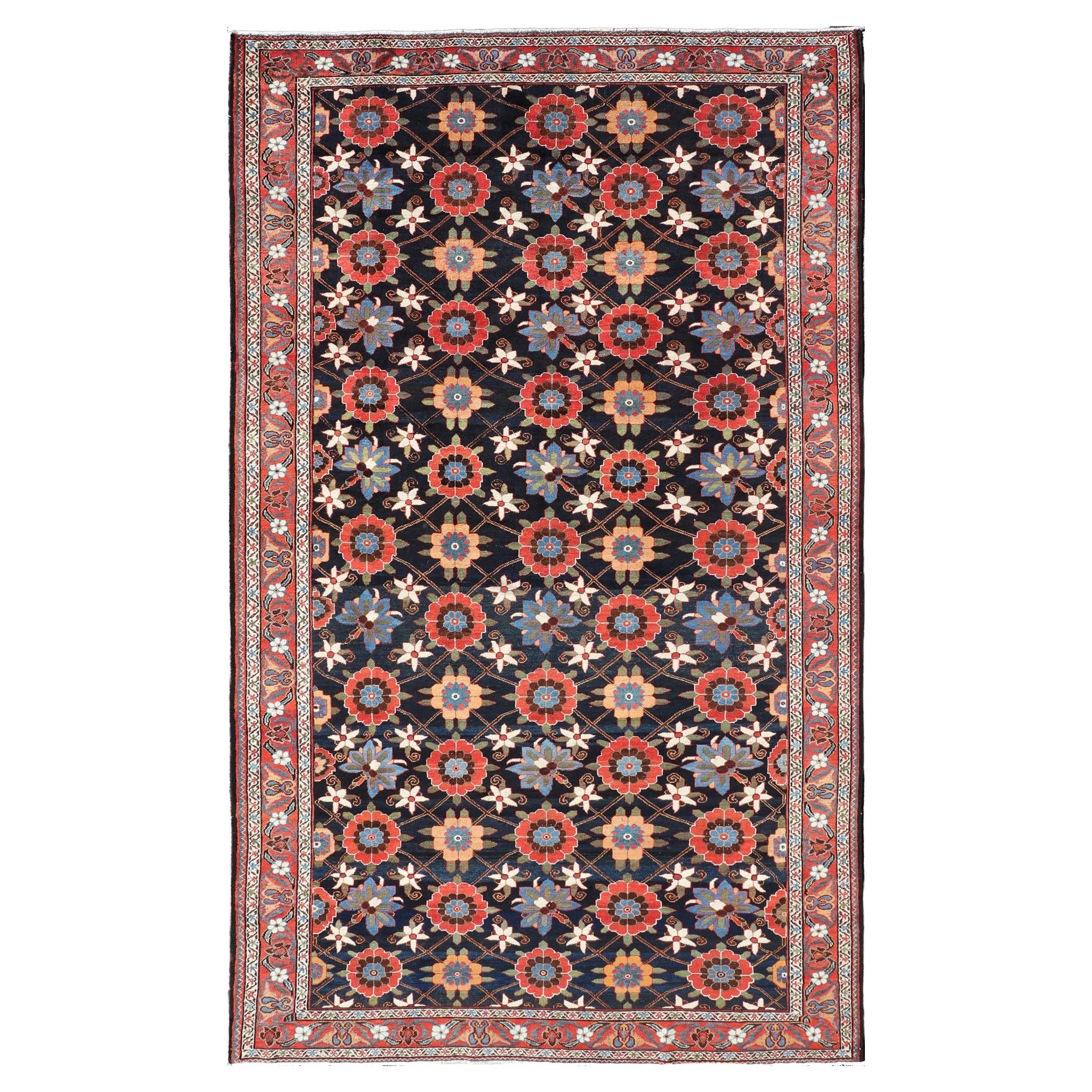 Wool Handknotted Antique Persian Gallery Bakhitari Rug in All-Over Floral Design