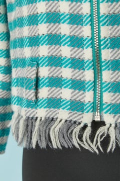 Wool jacket with check pattern and hood ended with fringes COURREGES