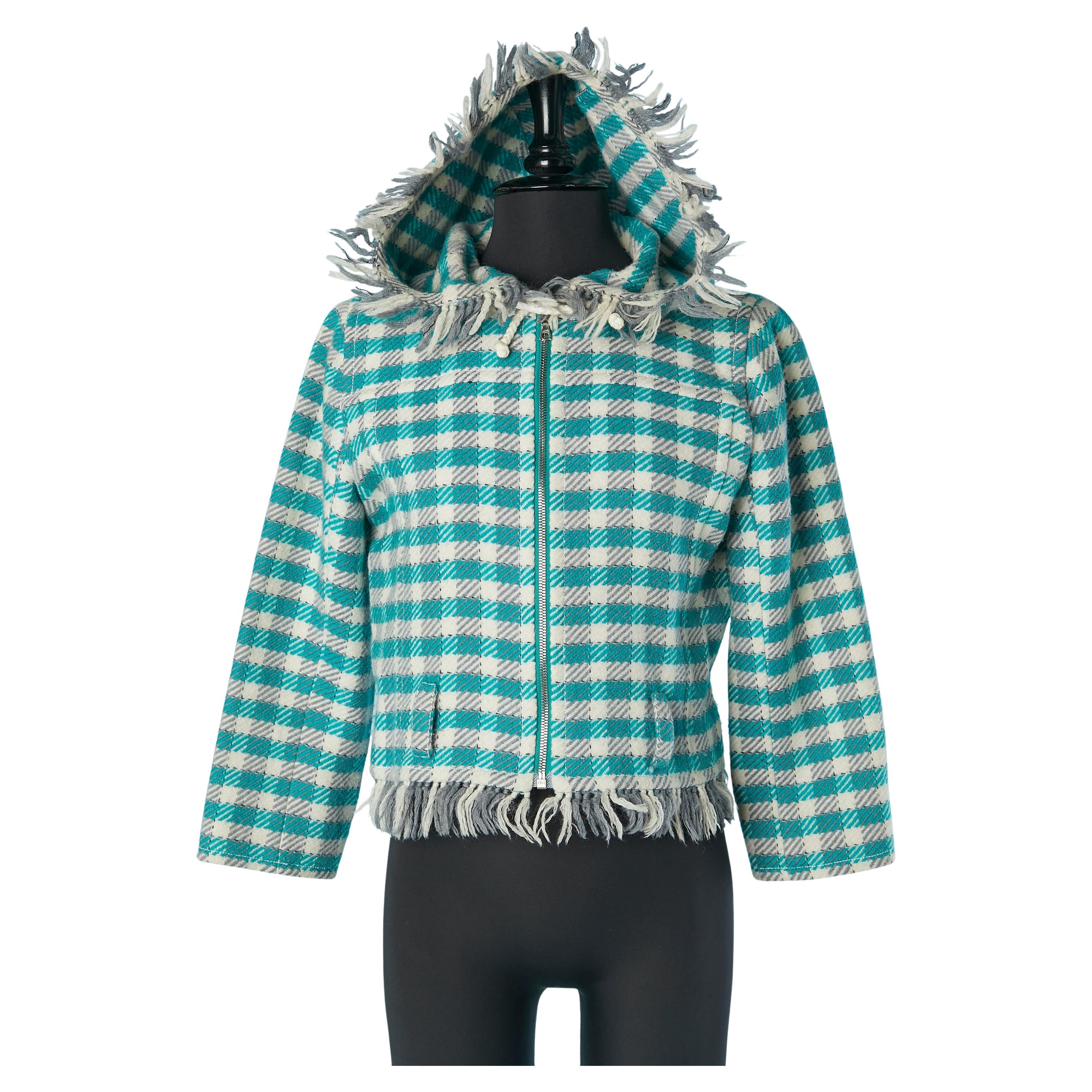 Wool jacket with check pattern and hood ended with fringes COURREGES