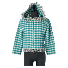 Wool jacket with check pattern and hood ended with fringes COURREGES