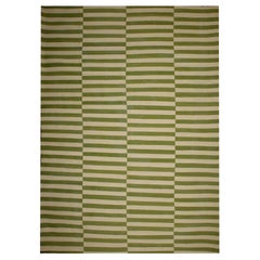 Wool Kilim Area Rug, Modern Striped Rug Green Block Colour Carpet