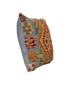 Wool Kilim Cushion Cover, Farmhouse Oriental Blue Pillow Case Orange