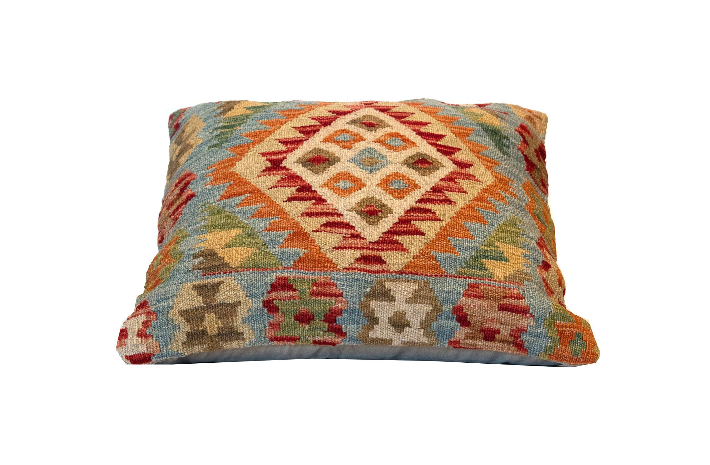 Tribal Wool Kilim Cushion Cover, Farmhouse Oriental Blue Pillow Case Orange