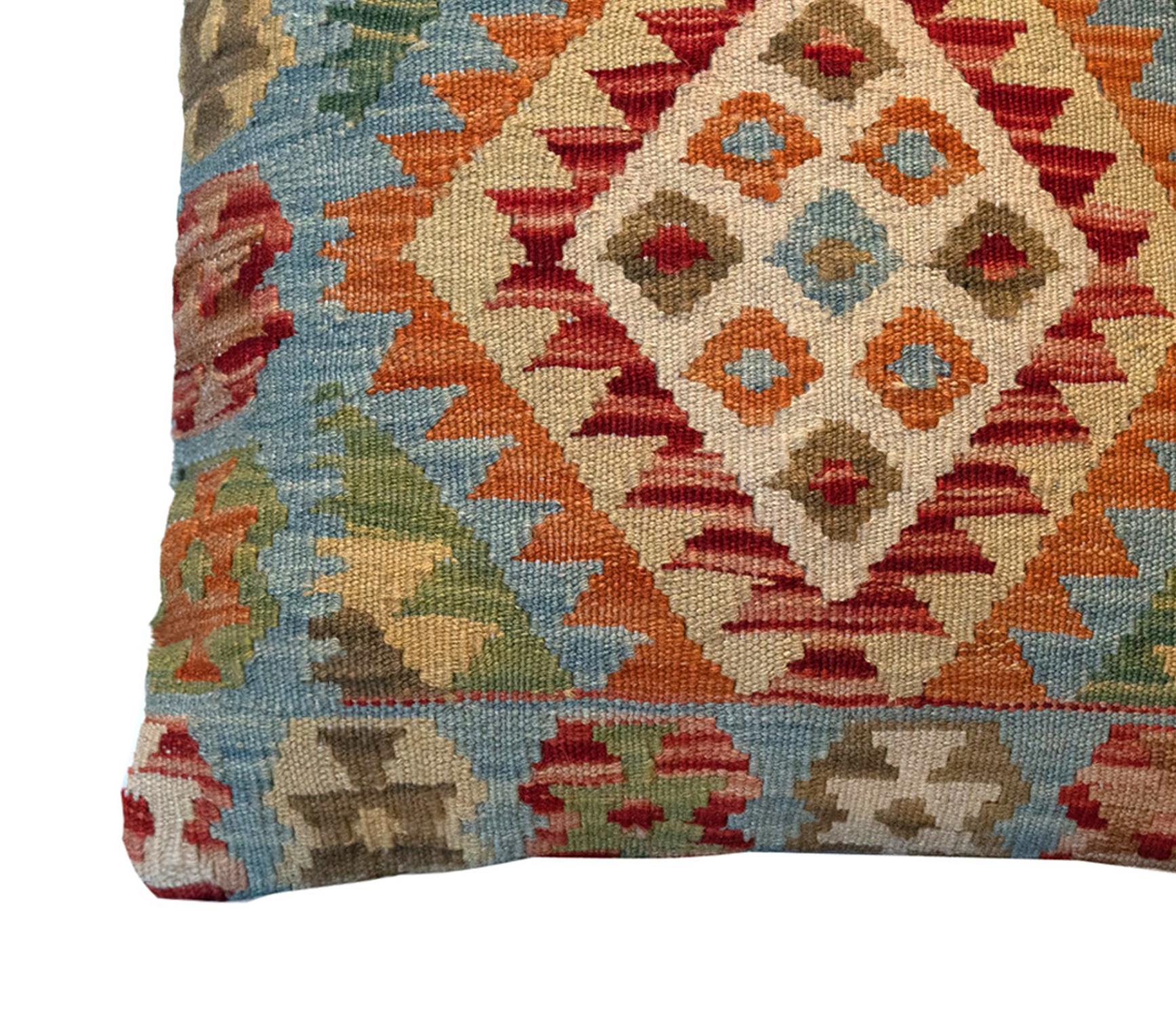 Afghan Wool Kilim Cushion Cover, Farmhouse Oriental Blue Pillow Case Orange