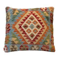 Wool Kilim Cushion Cover, Farmhouse Oriental Blue Pillow Case Orange