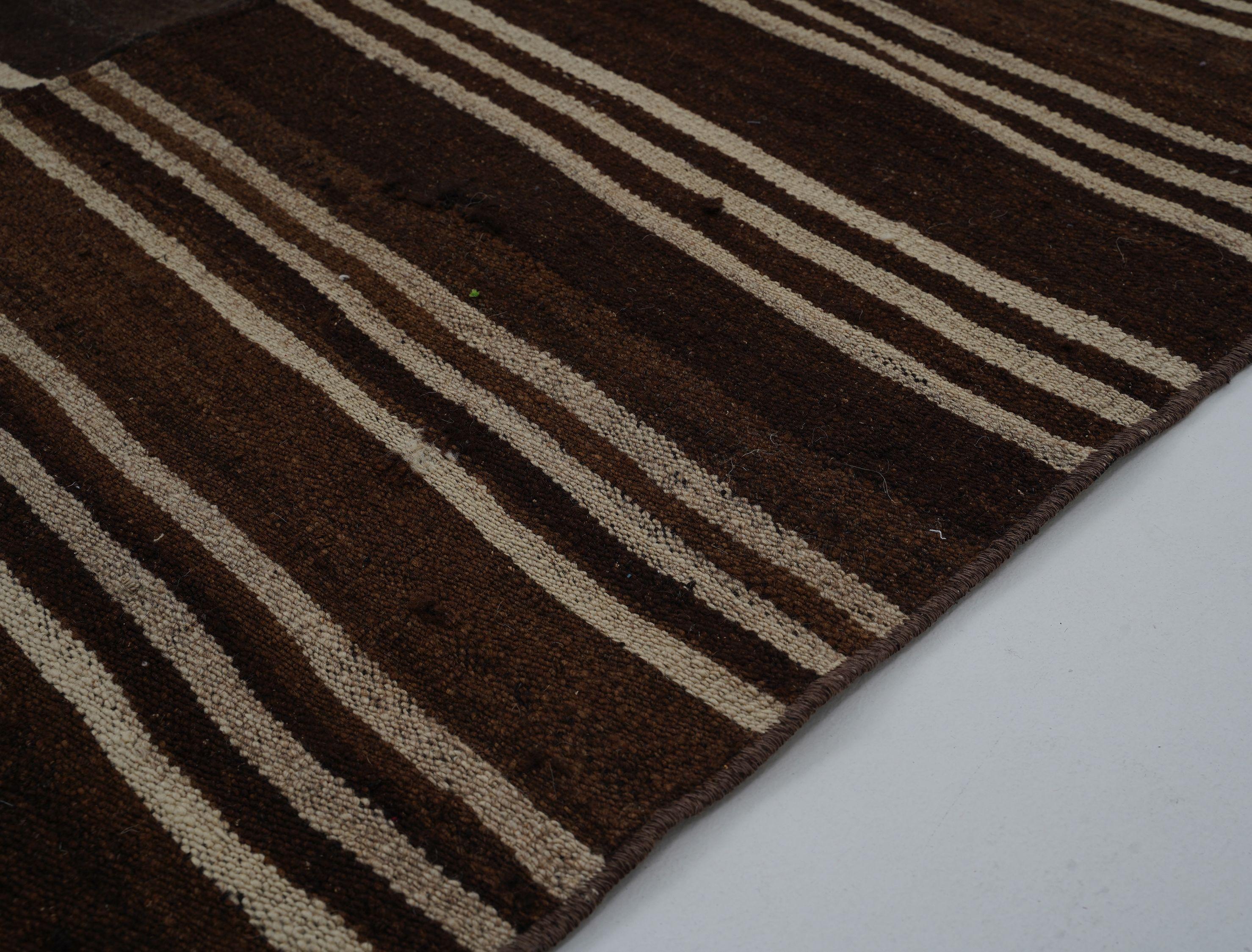 Mid-Century Modern Wool Kilim in Brown Stripe, Handmade in Turkey For Sale