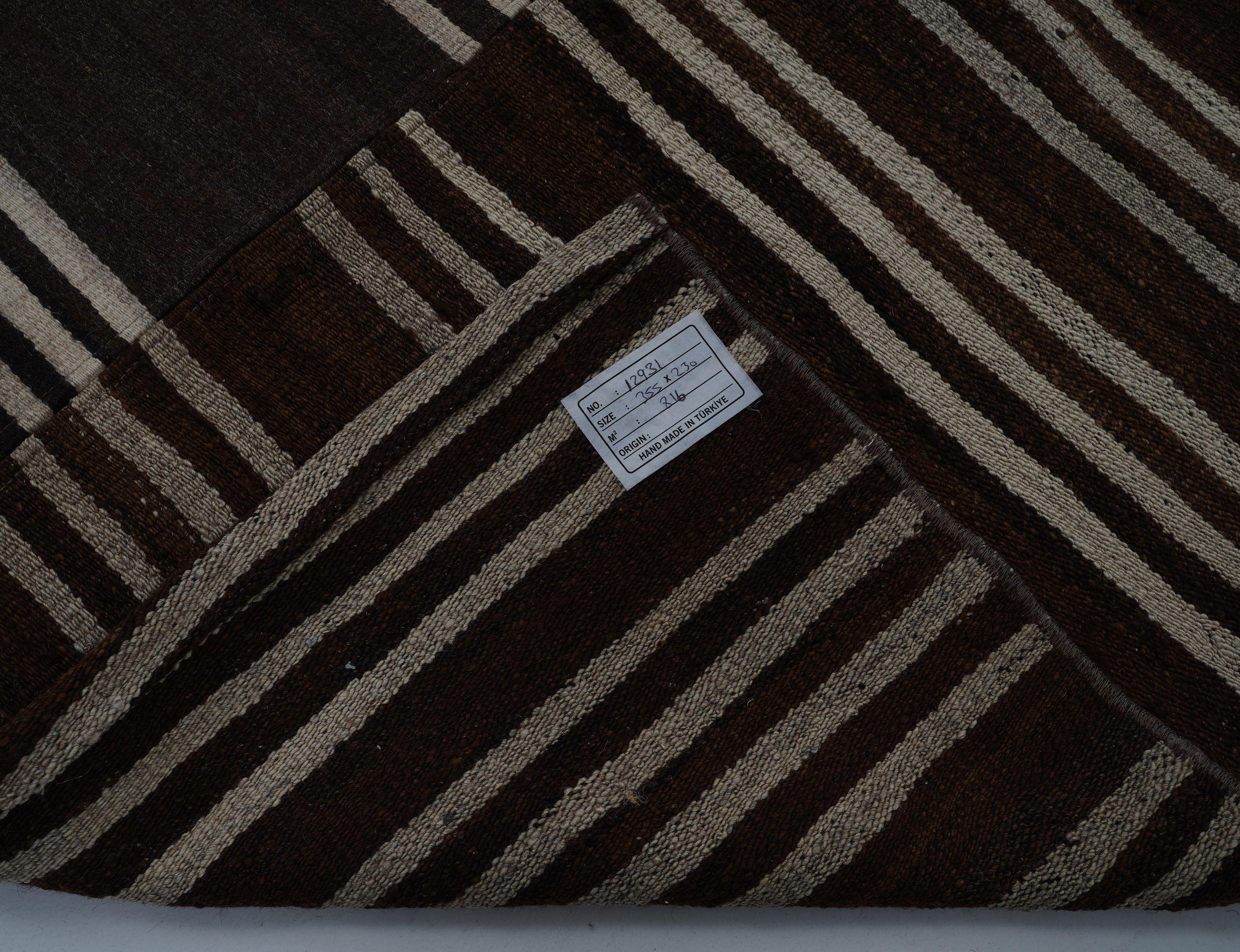 Turkish Wool Kilim in Brown Stripe, Handmade in Turkey For Sale