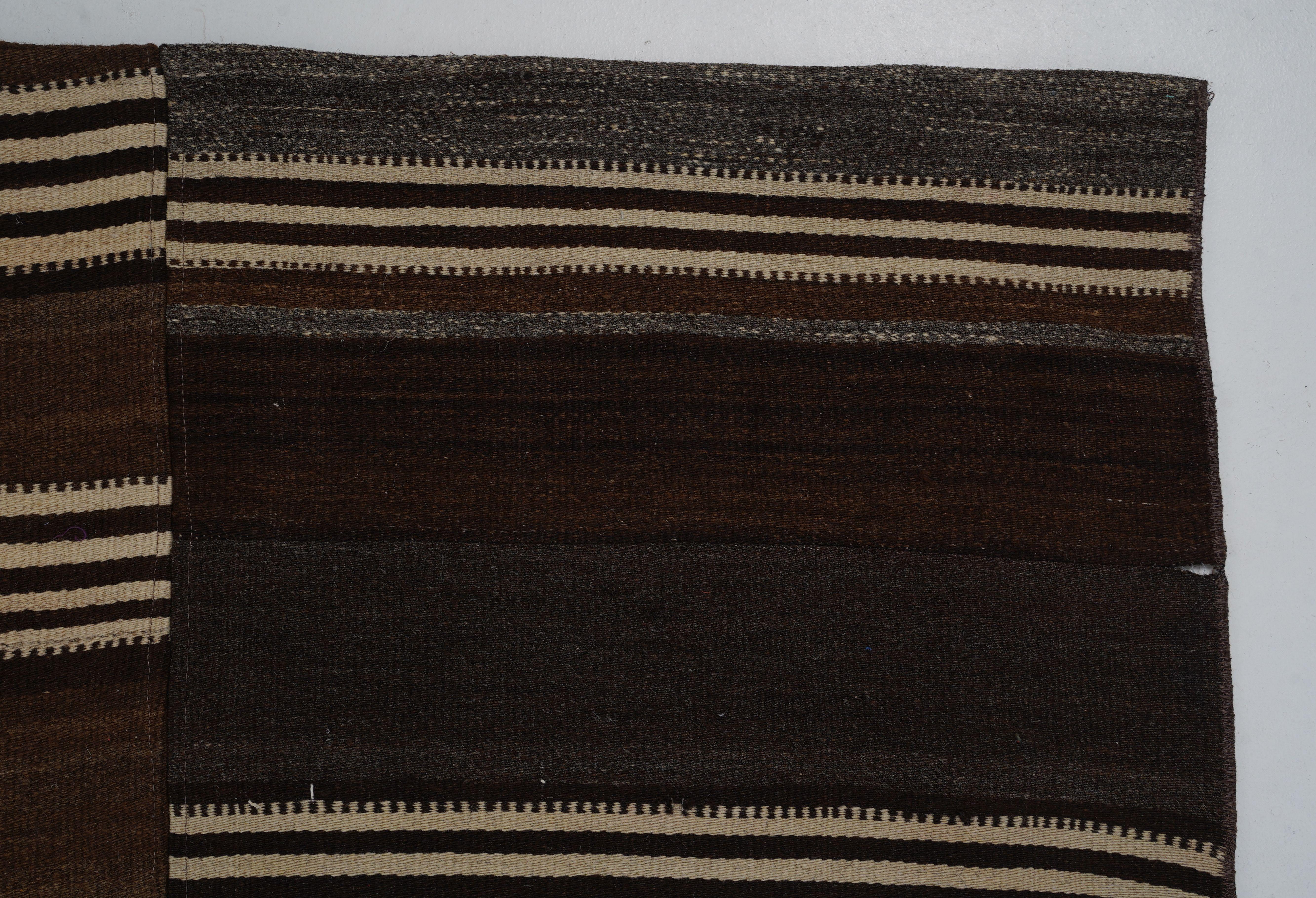 Hand-Woven Wool Kilim in Brown Stripe, Handmade in Turkey For Sale