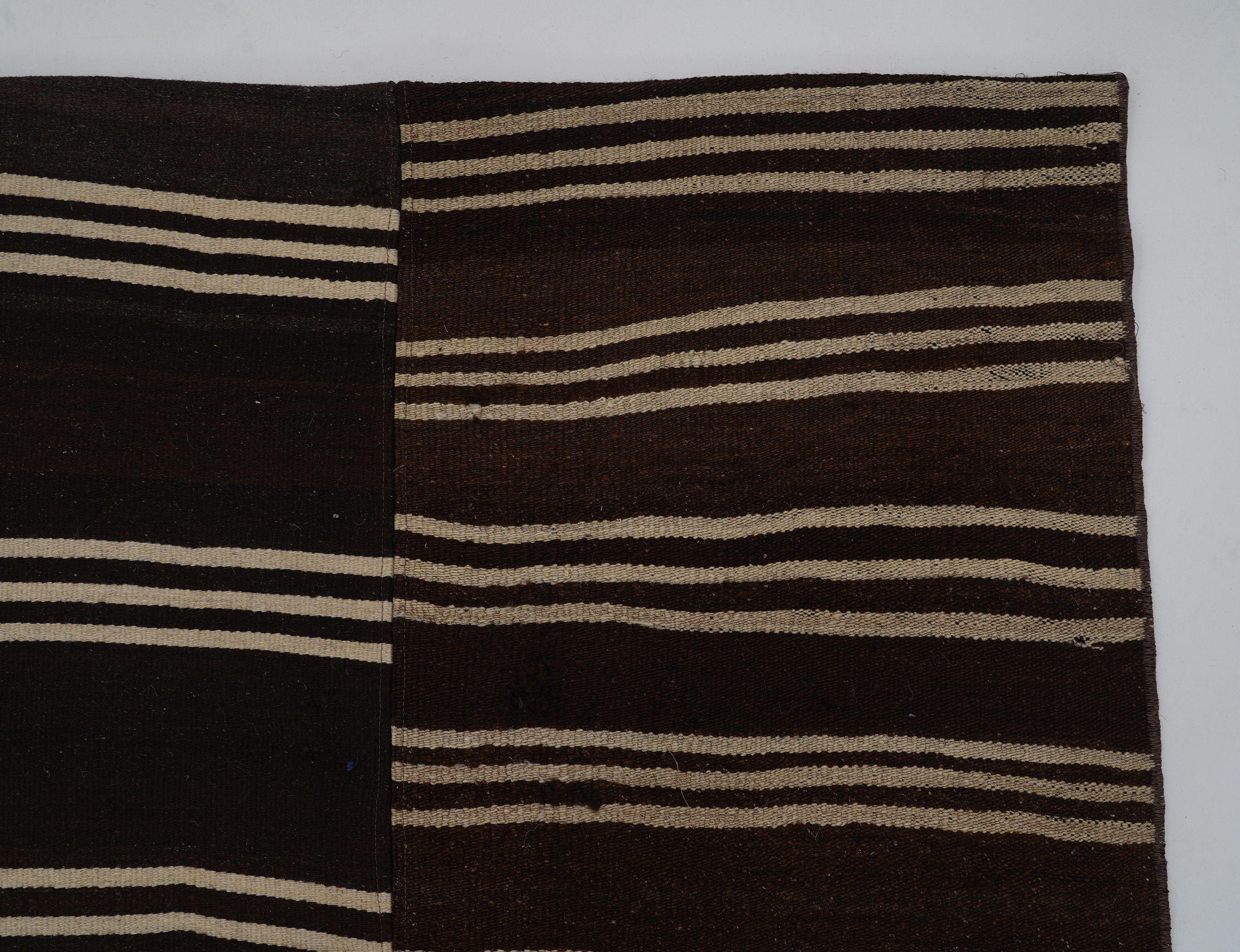 Contemporary Wool Kilim in Brown Stripe, Handmade in Turkey For Sale