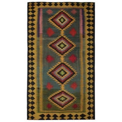 Geometric Wool Kilim Rug, Caucasian Flat Carpet Green Vintage Tribal Kilim Rugs
