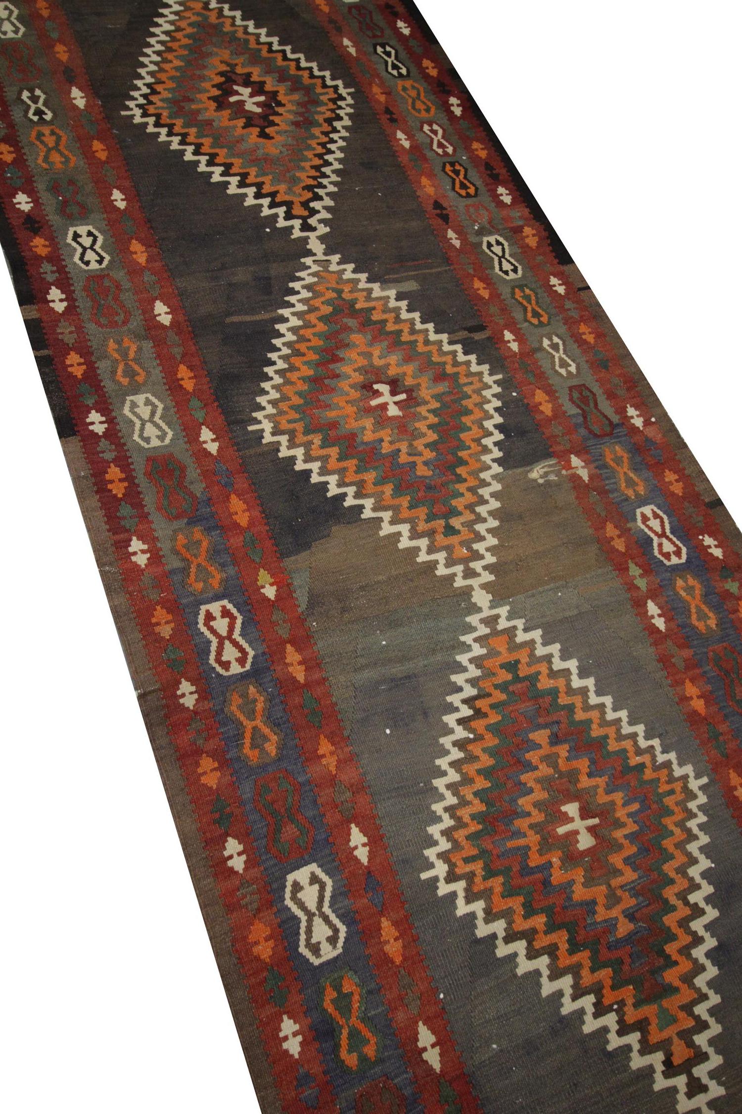 Azerbaijani Wool Kilim Rug, Handmade Tribal Runner Carpet Vintage Brown Orange