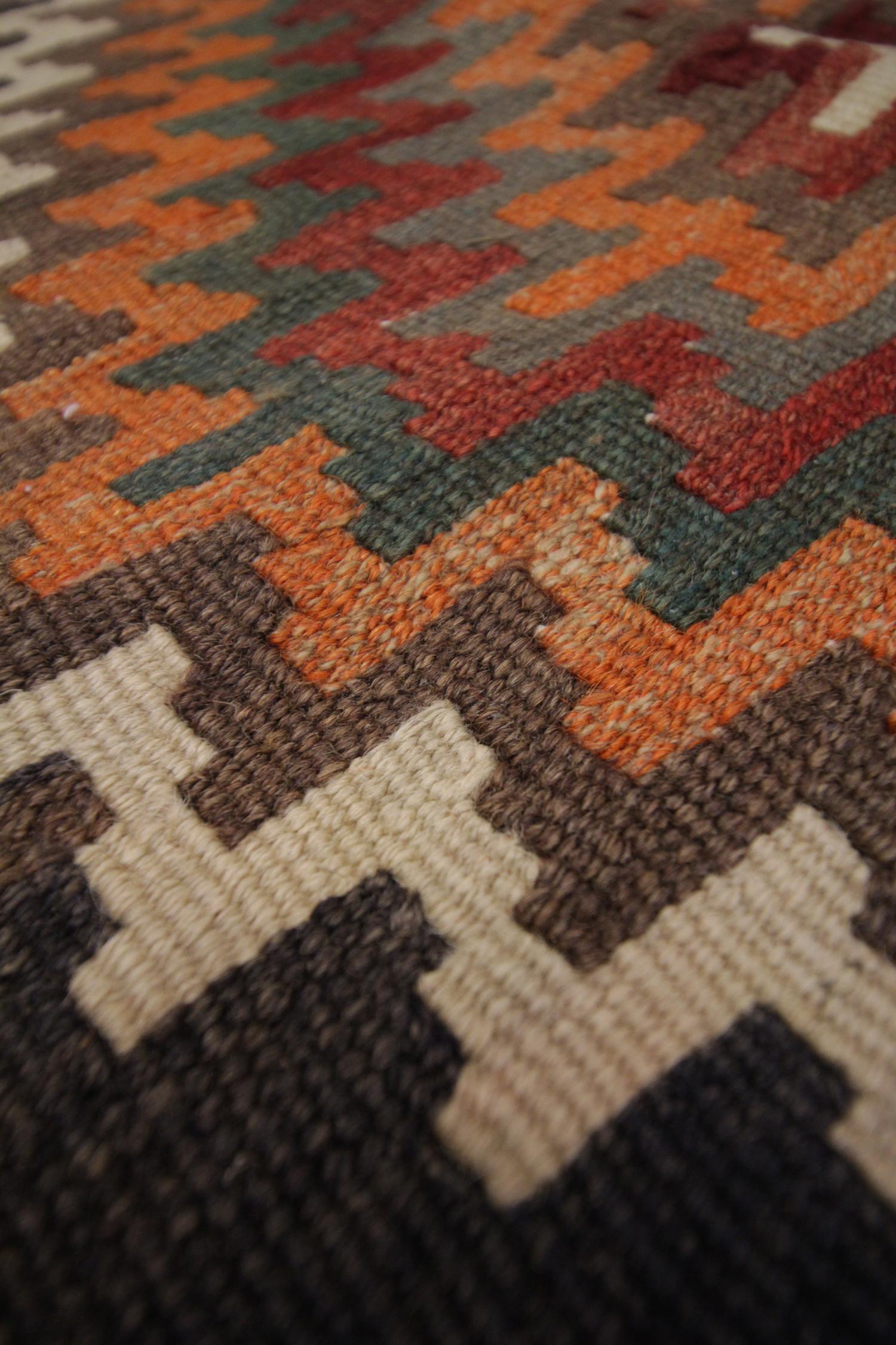 Vegetable Dyed Wool Kilim Rug, Handmade Tribal Runner Carpet Vintage Brown Orange
