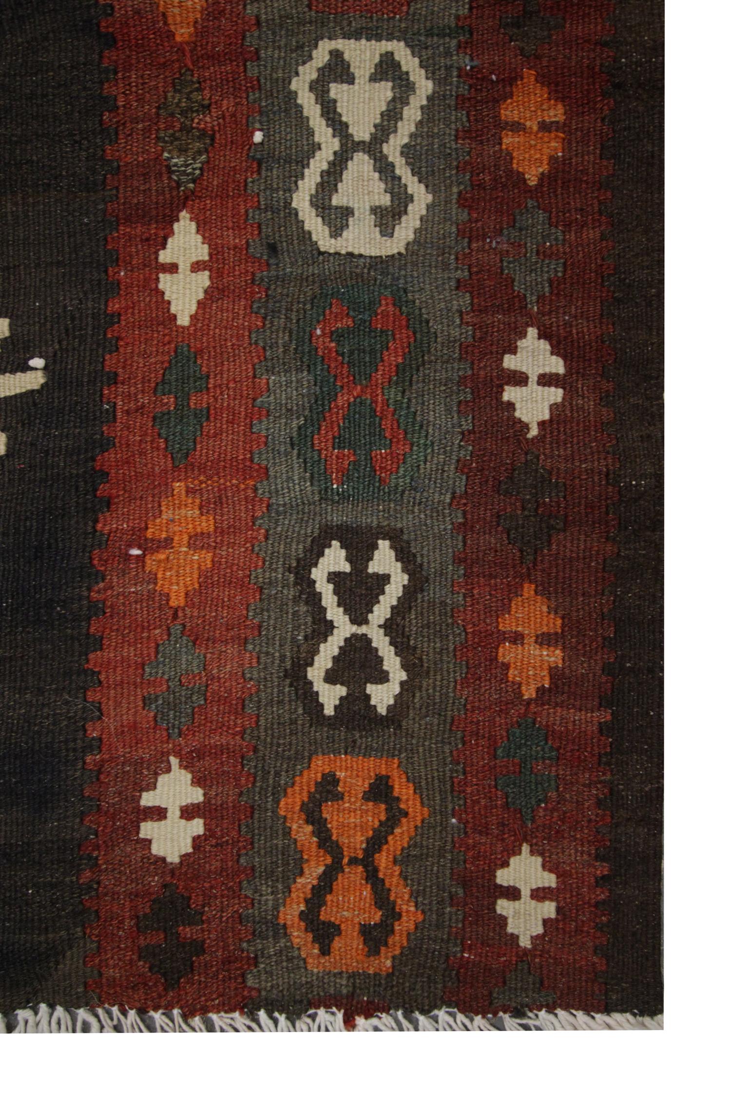 Wool Kilim Rug, Handmade Tribal Runner Carpet Vintage Brown Orange In Excellent Condition In Hampshire, GB