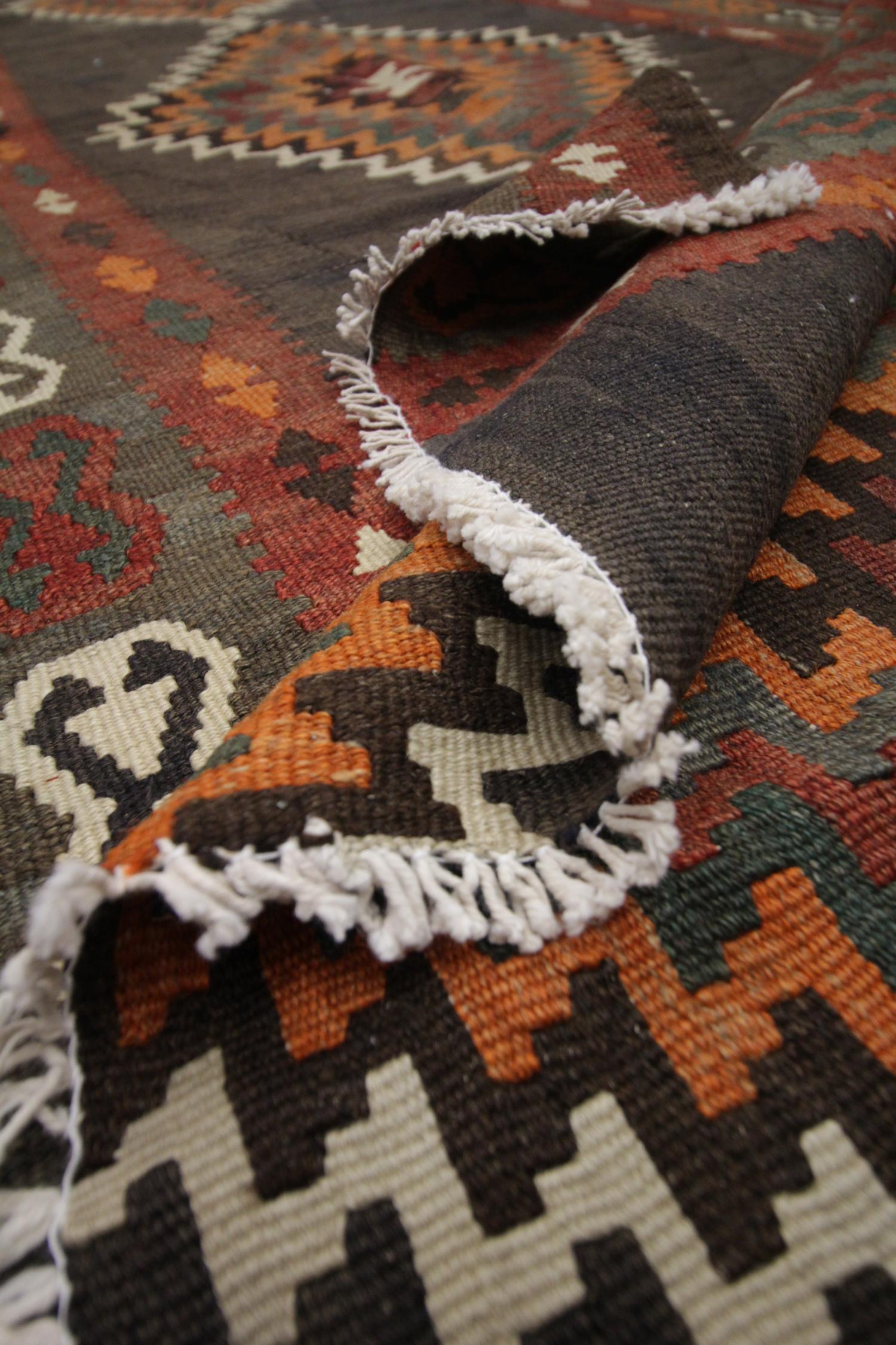 Mid-20th Century Wool Kilim Rug, Handmade Tribal Runner Carpet Vintage Brown Orange