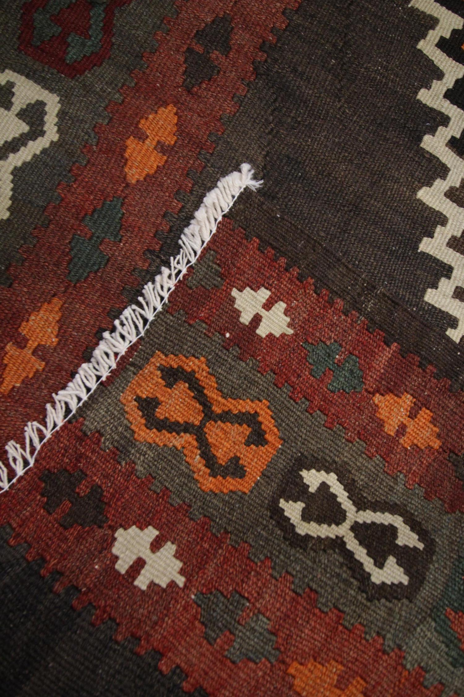 Wool Kilim Rug, Handmade Tribal Runner Carpet Vintage Brown Orange 1