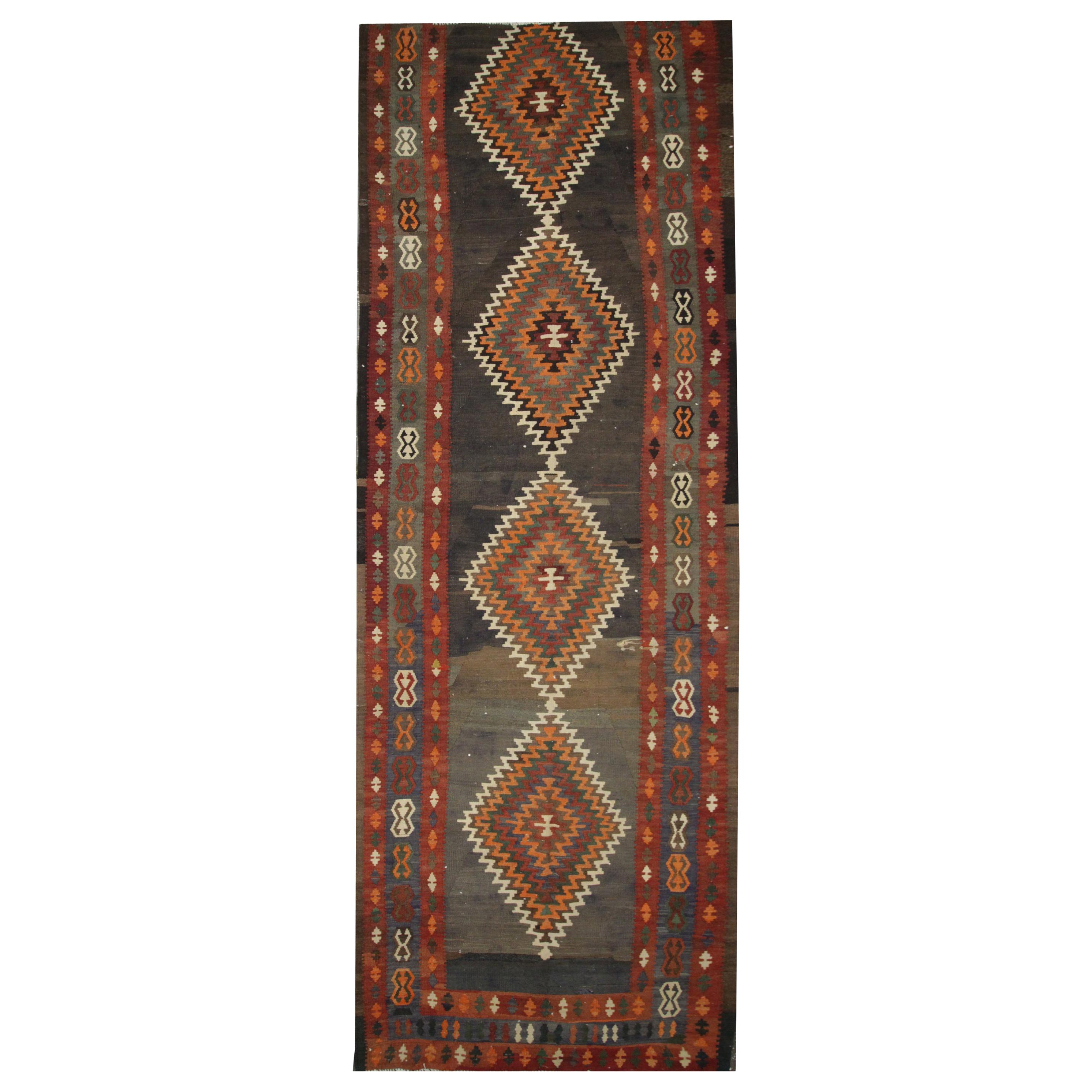 Wool Kilim Rug, Handmade Tribal Runner Carpet Vintage Brown Orange