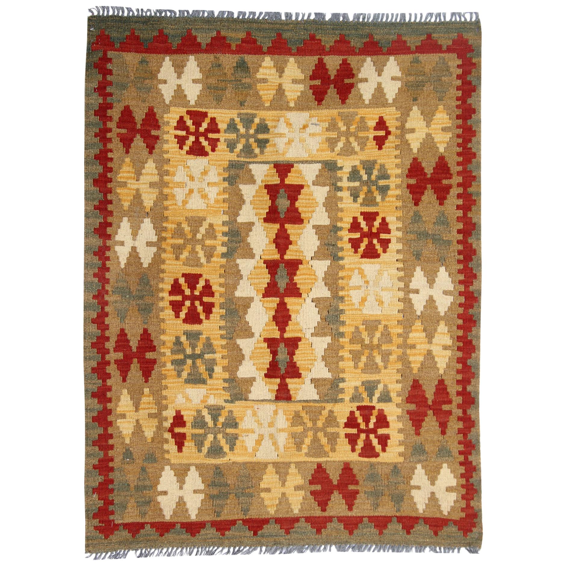 Small Hand Woven Oriental Kilim Traditional Wool Red Green Rug 82x116cm