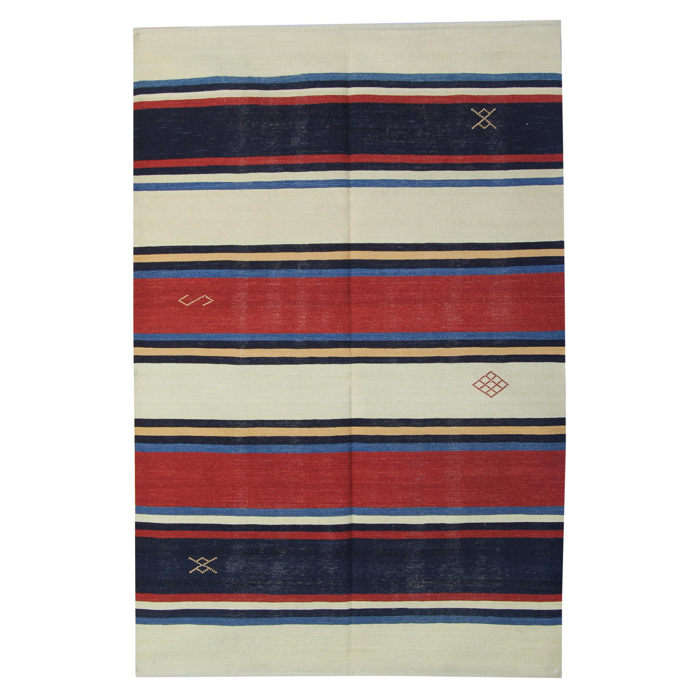 Wool Kilim Rug, Striped Rug Blue Red Carpet Handwoven Area Rug