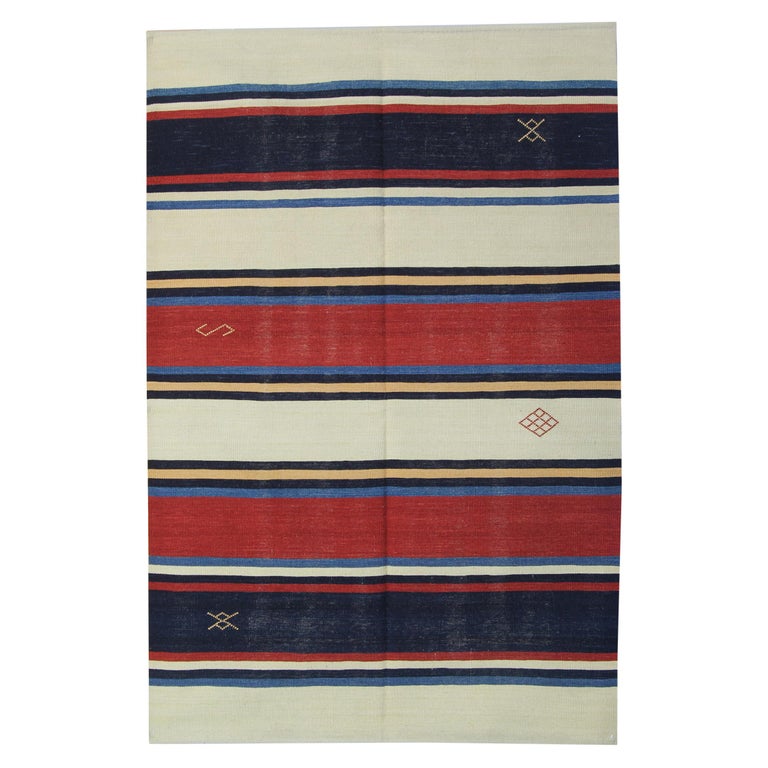 Wool Kilim Rug Striped Blue Red, Red Blue Rug Uk