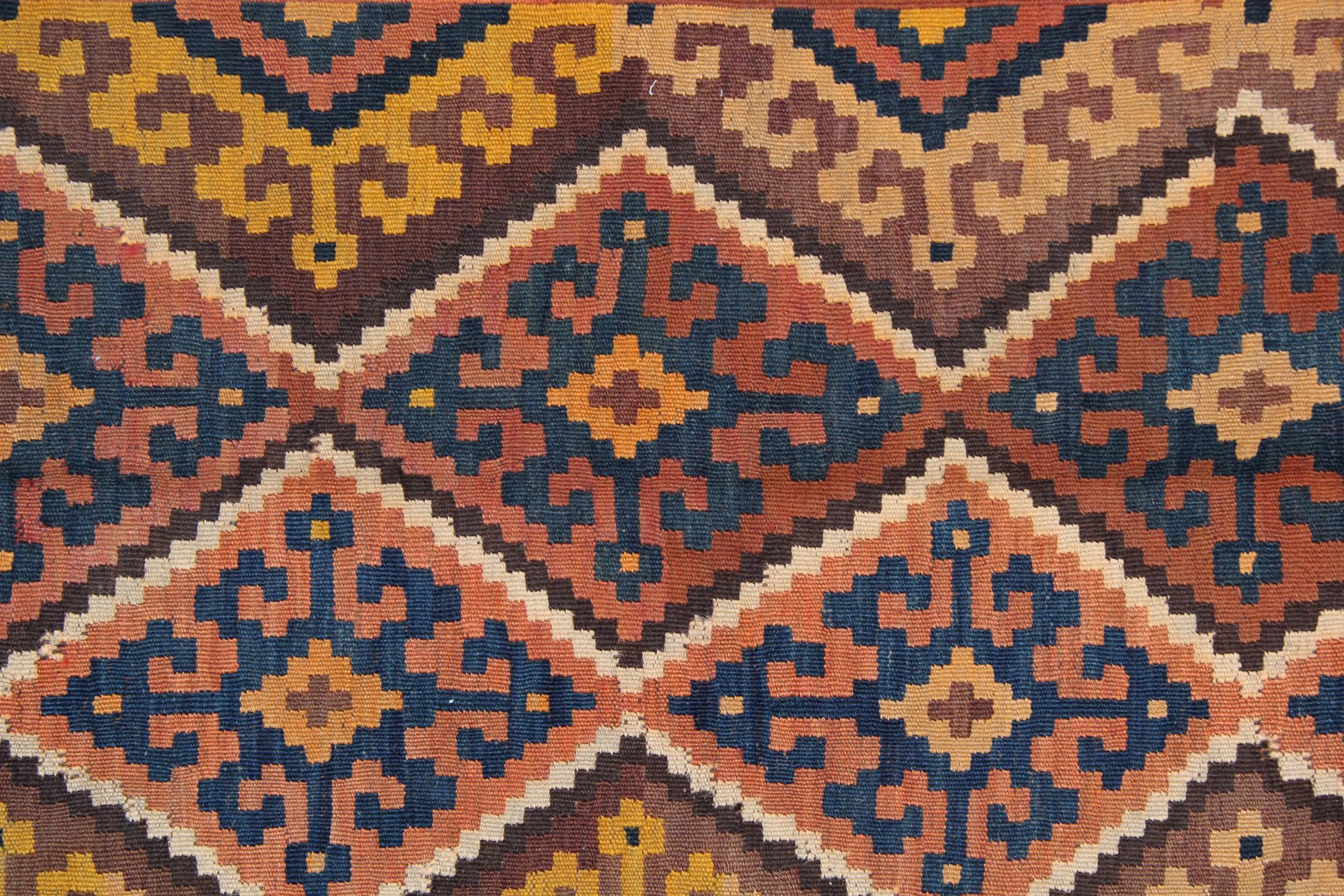 Wolle Kilim Teppiche Handgefertigt Orange Geometrisch Brown Kilims Wollteppich (Kelim) im Angebot