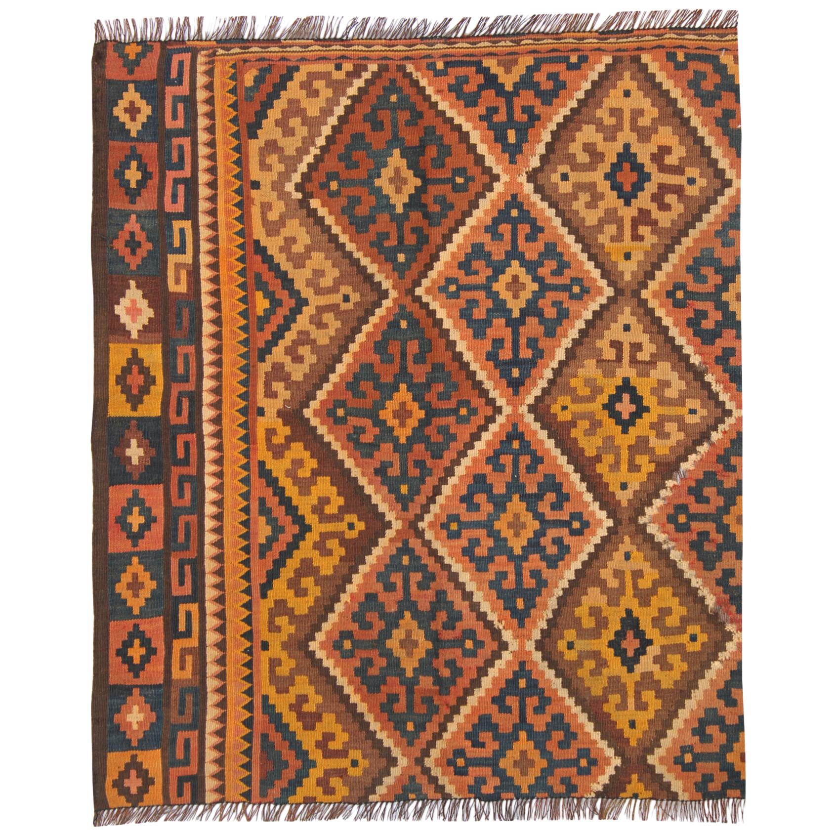 Wool Kilim Rugs Handmade Orange Geometric Brown Kilims Wool Carpet