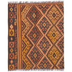 Vintage Wool Kilim Rugs Handmade Orange Geometric Brown Kilims Wool Carpet