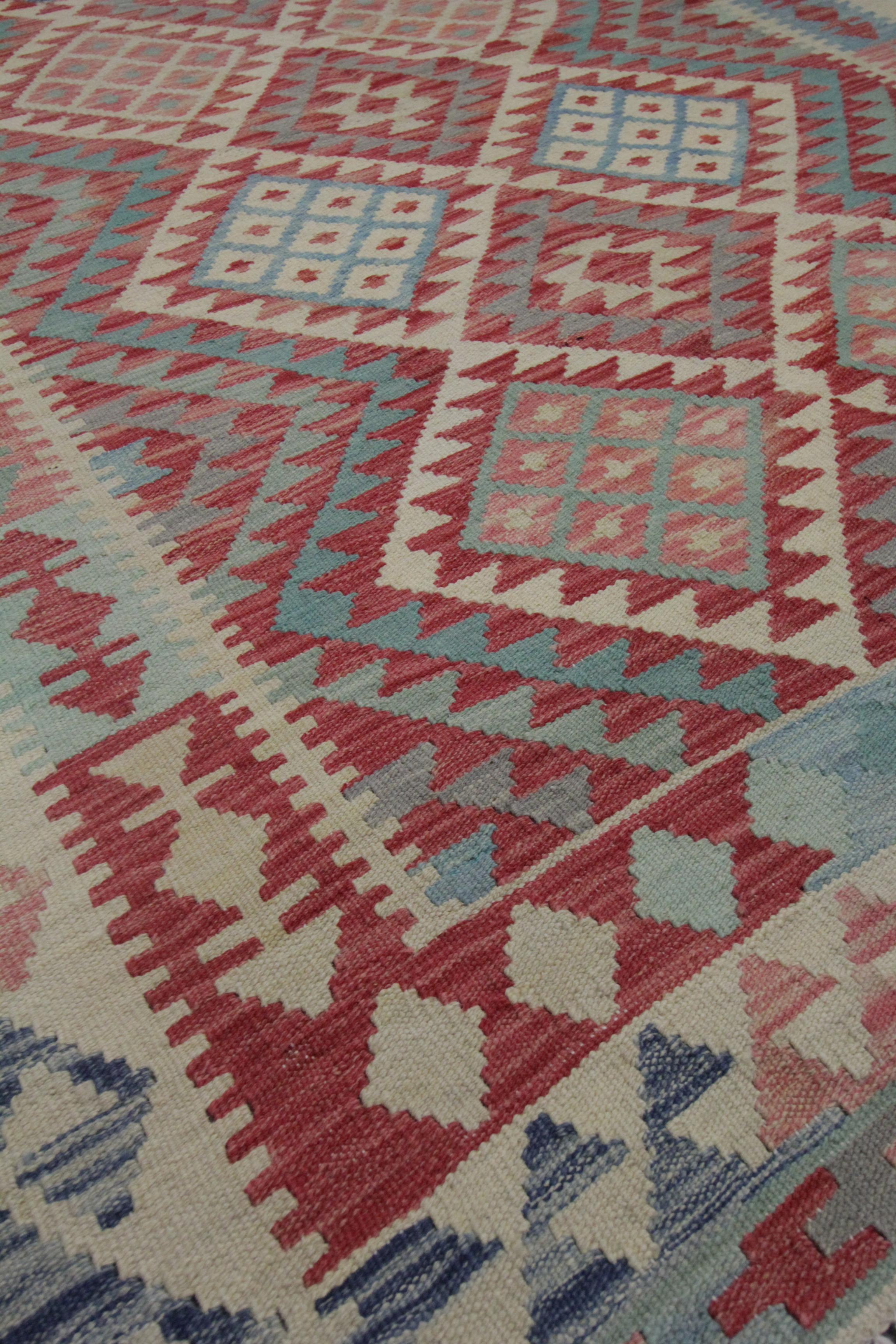 Hand-Knotted Handmade Kilim Rug Vibrant Geometric Carpet Modern Kilim Rug Wool Area Rug