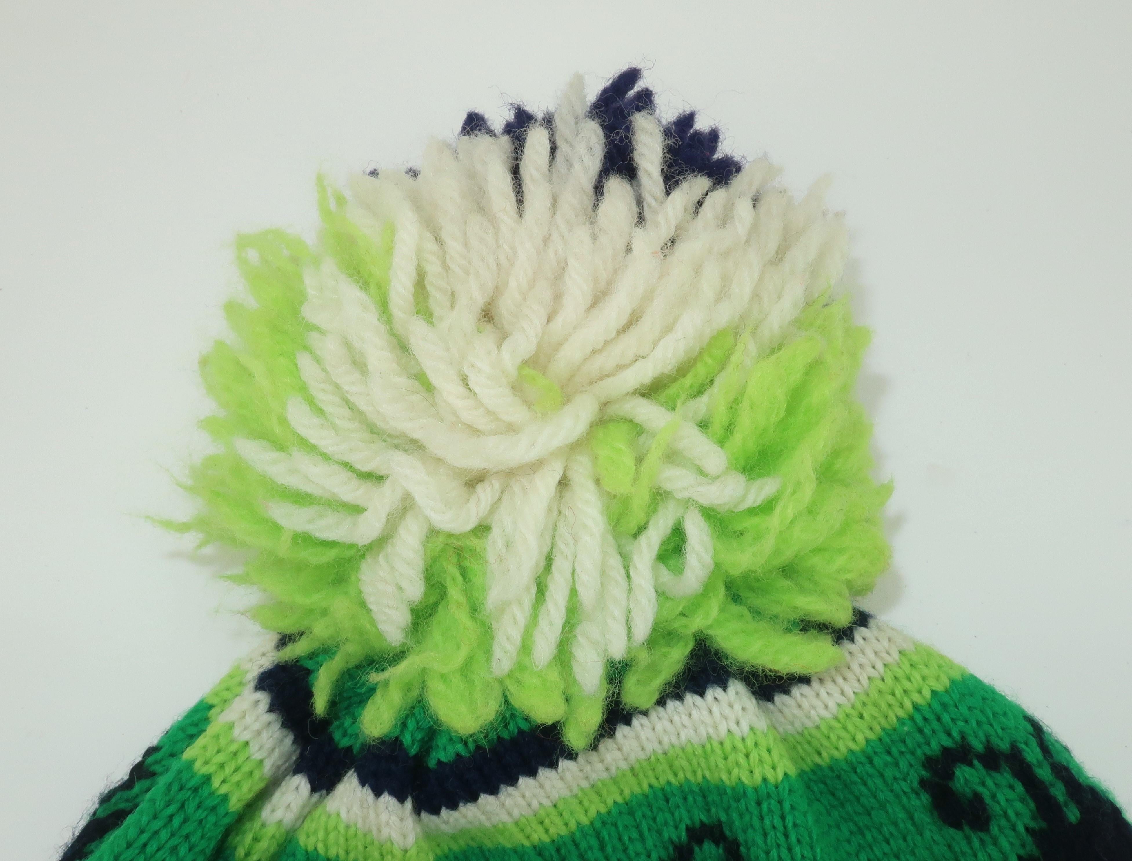 Women's Wool Knit Pom Pom Ladybug Ski Hat, 1970's