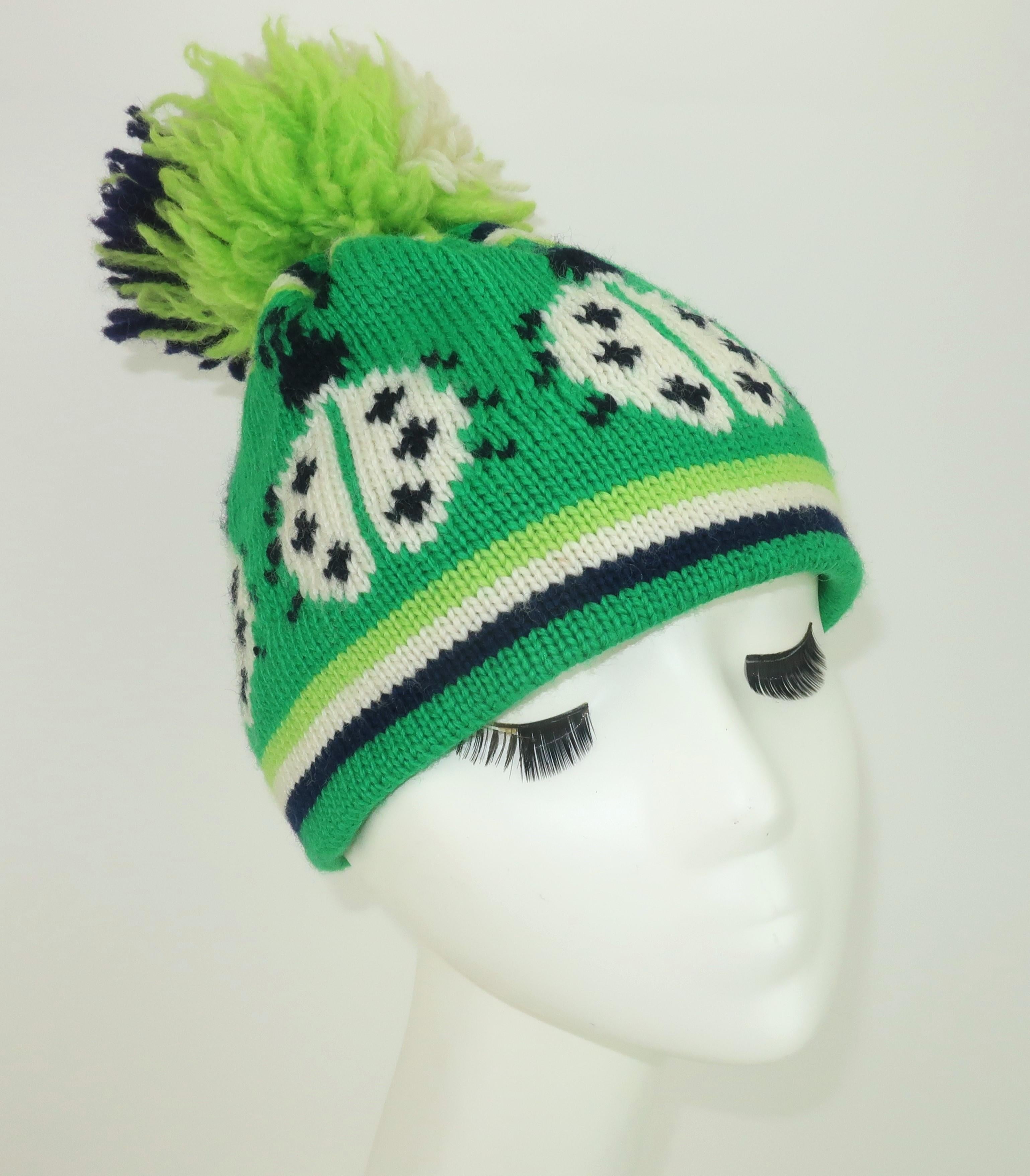Wool Knit Pom Pom Ladybug Ski Hat, 1970's 3