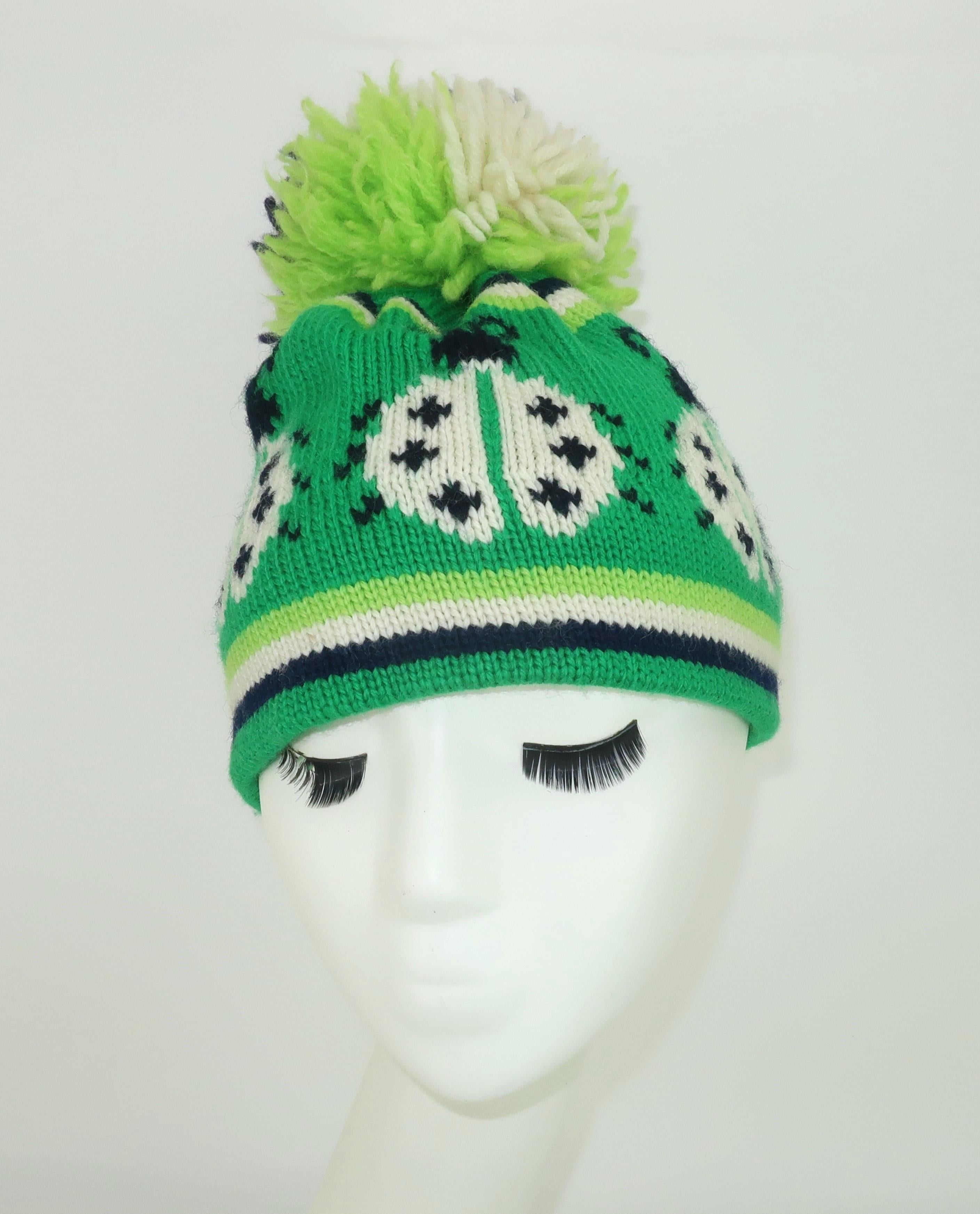 Wool Knit Pom Pom Ladybug Ski Hat, 1970's 4