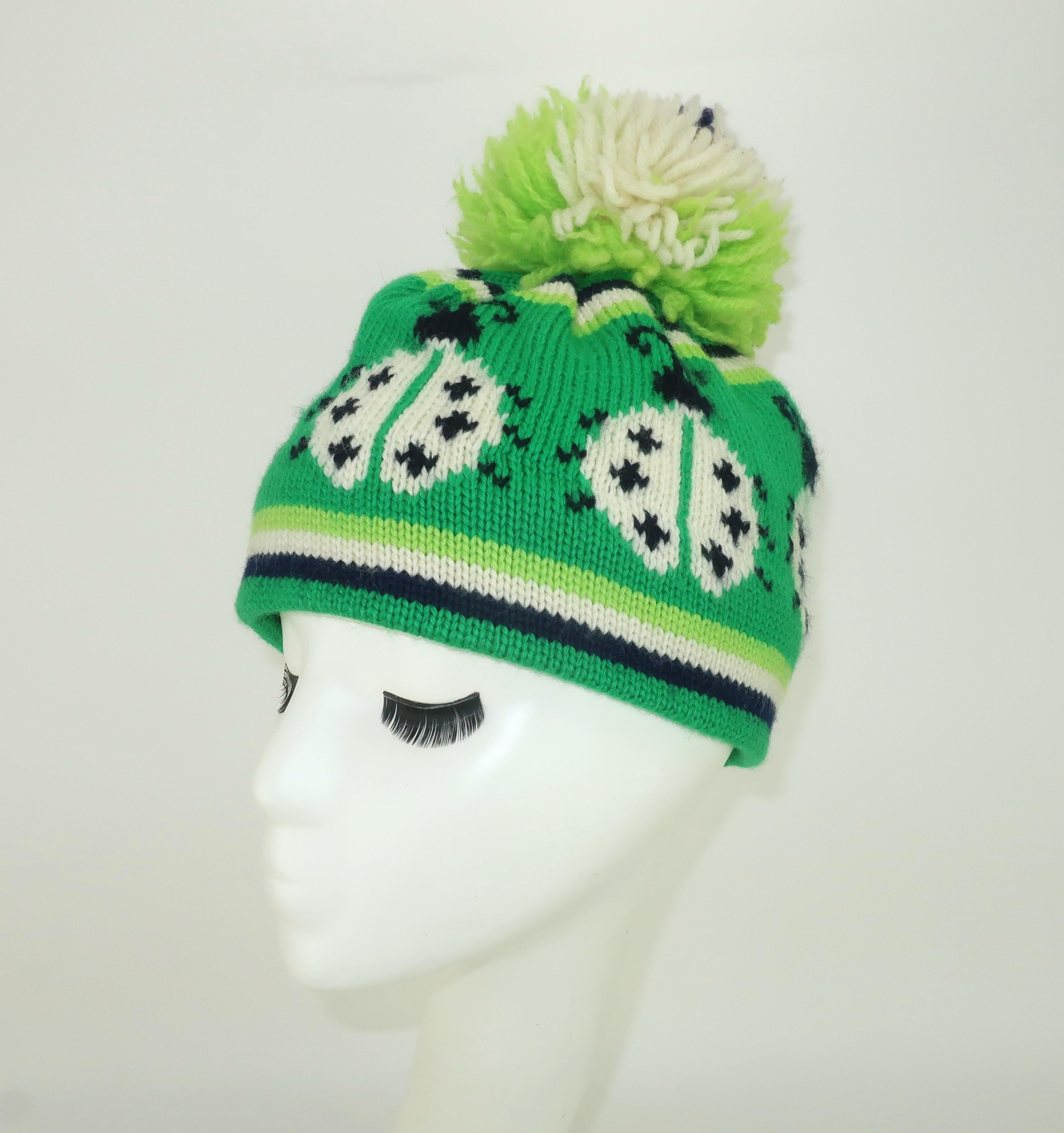 Wool Knit Pom Pom Ladybug Ski Hat, 1970's 5