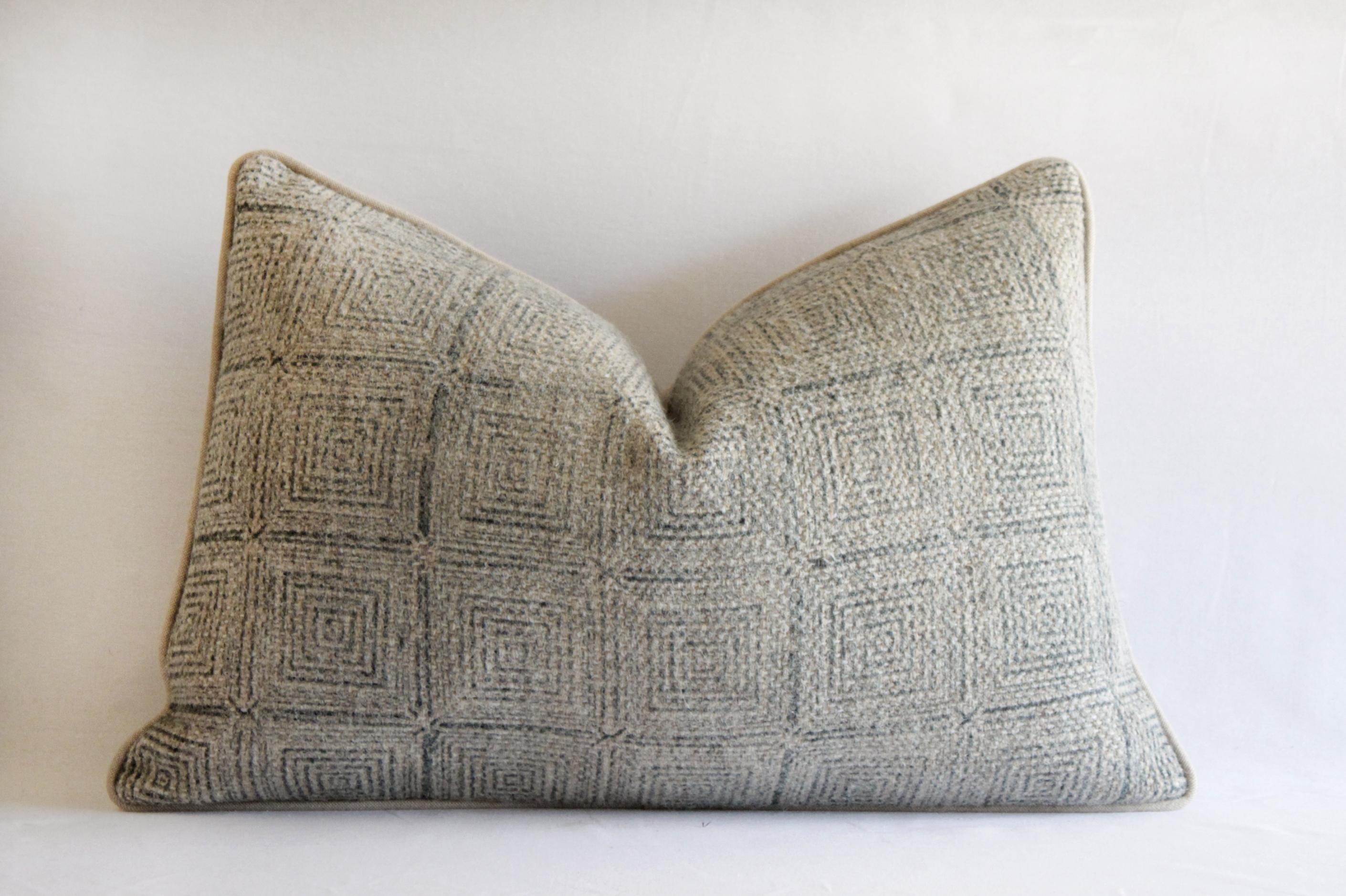 These luxurious wool lumbar pillows in tan and gray pattern
These pillows have a piped edge, and hidden zipper closure. The backside is finished in a coordinating canvas material. There are 2 available, please enter your quantity. Insert not