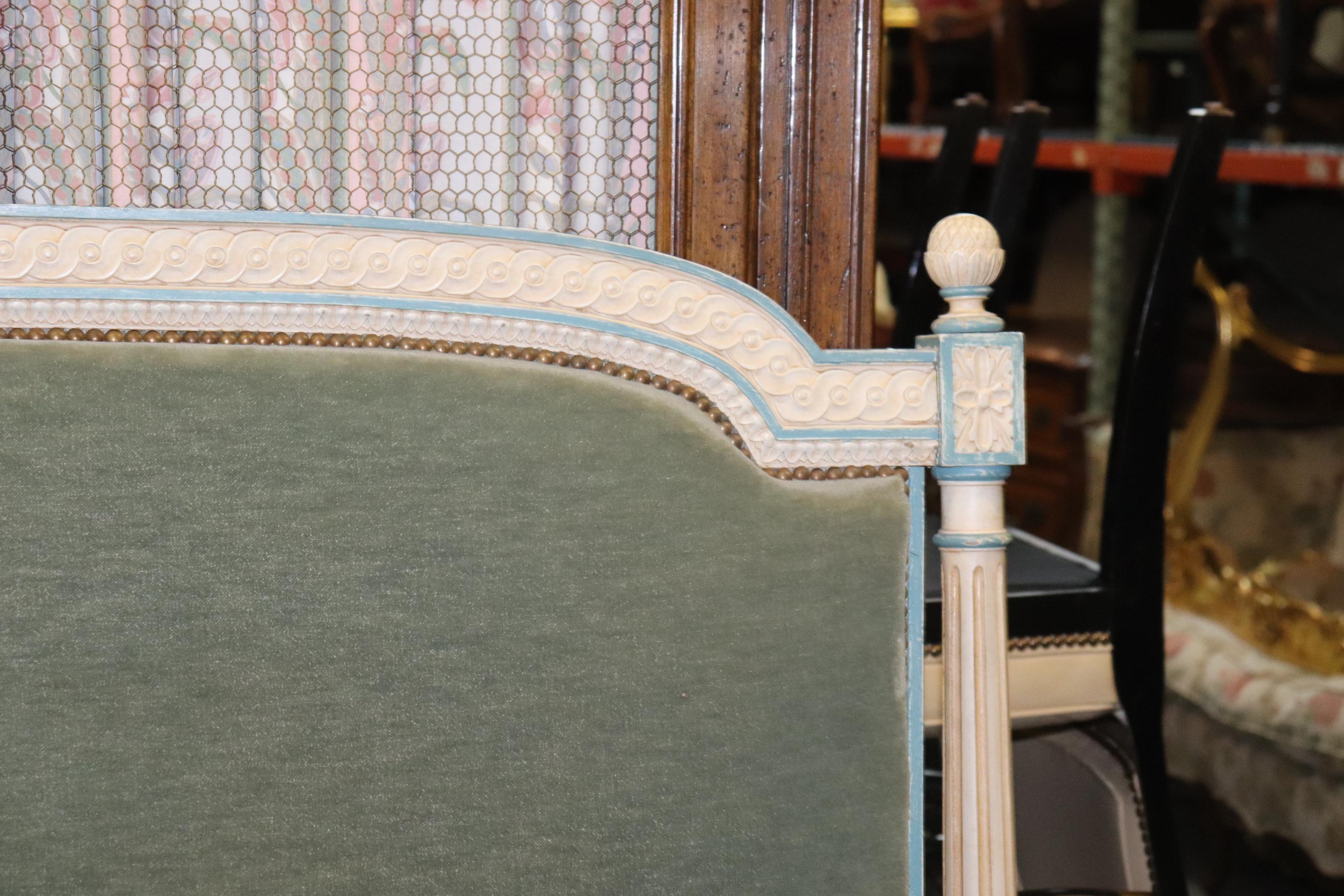 Wool Mohair Paint Decorated French Louis XVI Queen Size Headboard & Footboard In Good Condition In Swedesboro, NJ