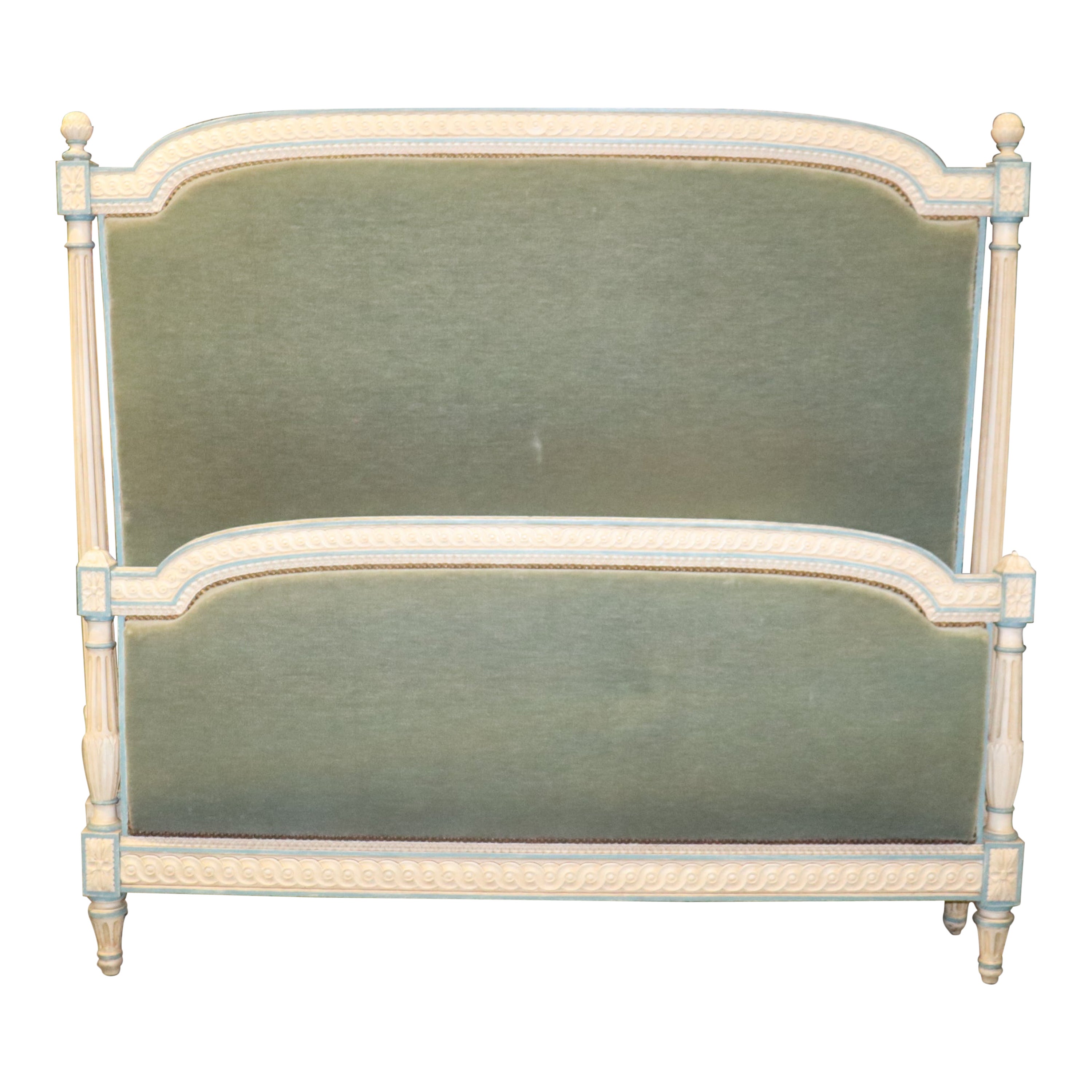 Wool Mohair Paint Decorated French Louis XVI Queen Size Headboard 
Footboard