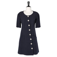 Wool navy blue dress with flower rhinestone buttons Karl Lagerfeld