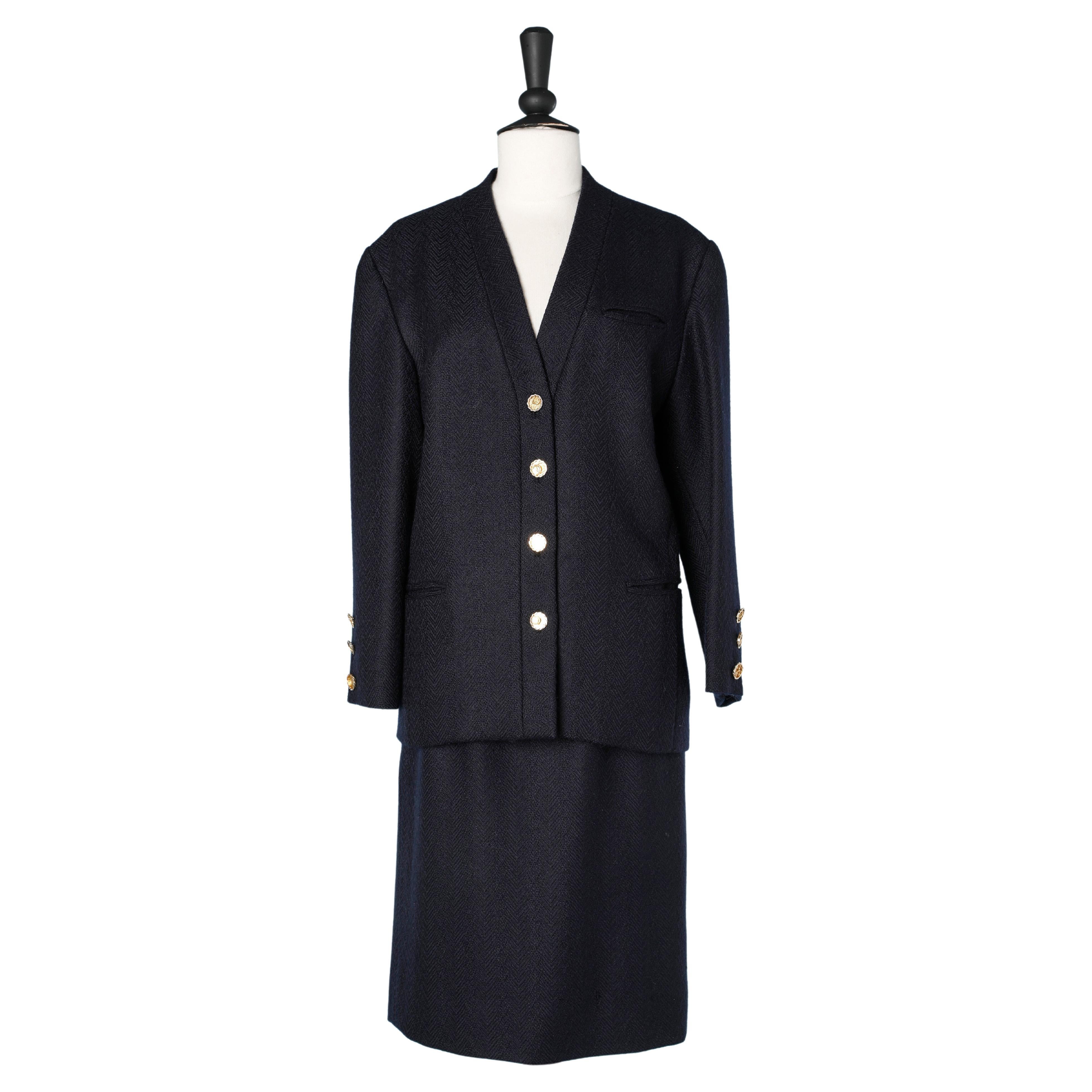 Wool navy blue skirt suit with branded buttons Chanel  For Sale