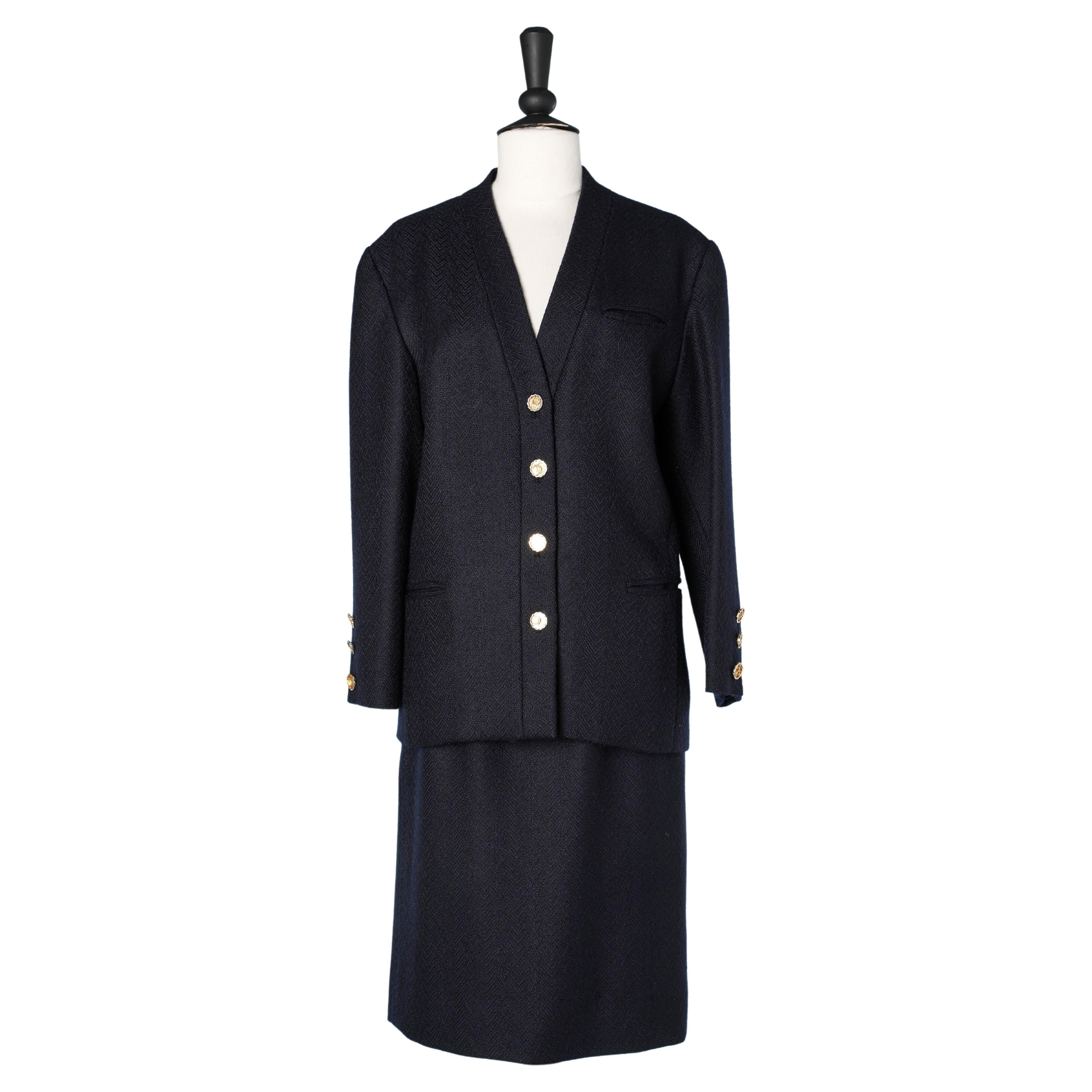 Wool navy blue skirt suit with branded buttons Chanel For Sale