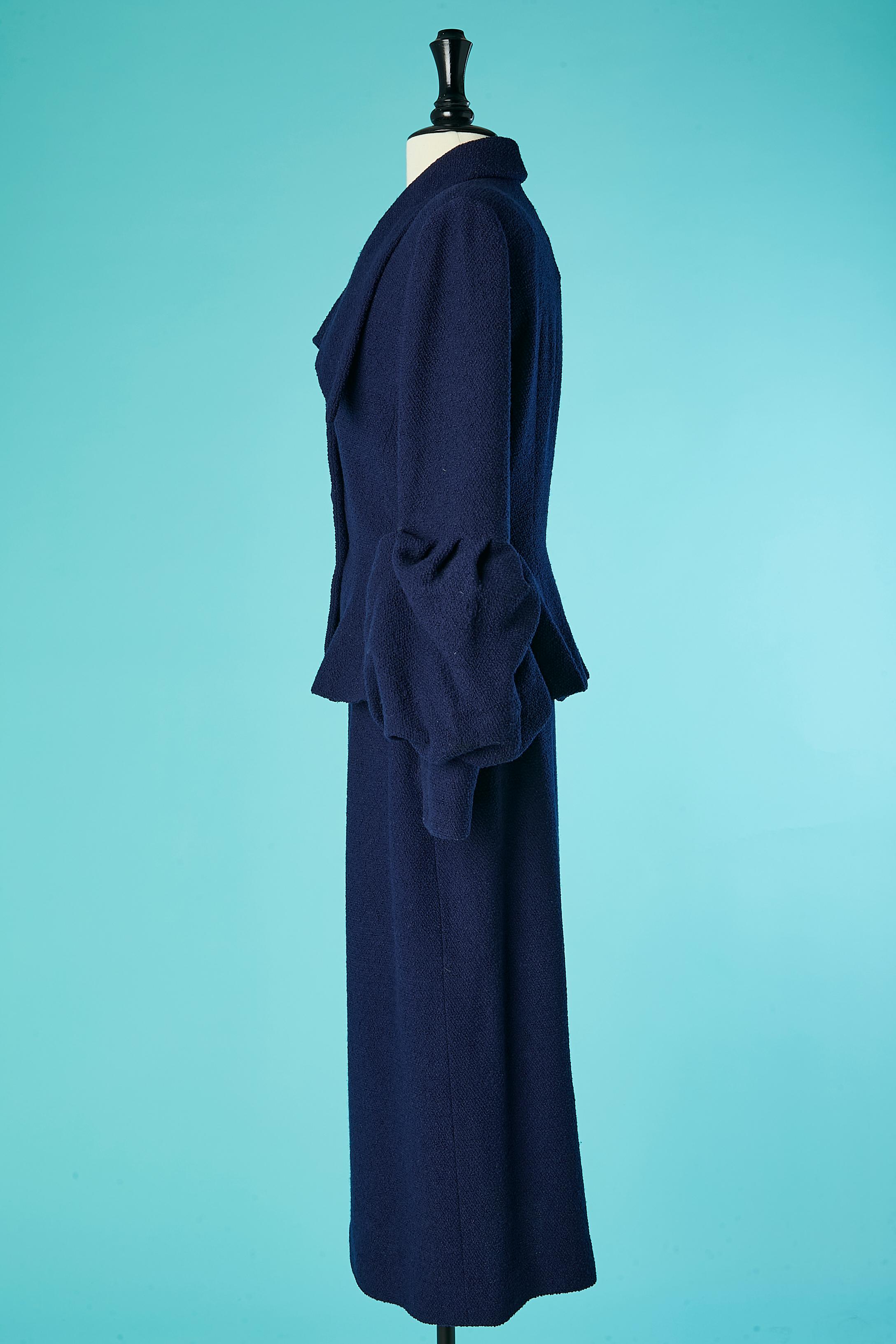 Wool navy blue skirt suit with bubbling sleeves Lilli Ann  In Excellent Condition For Sale In Saint-Ouen-Sur-Seine, FR