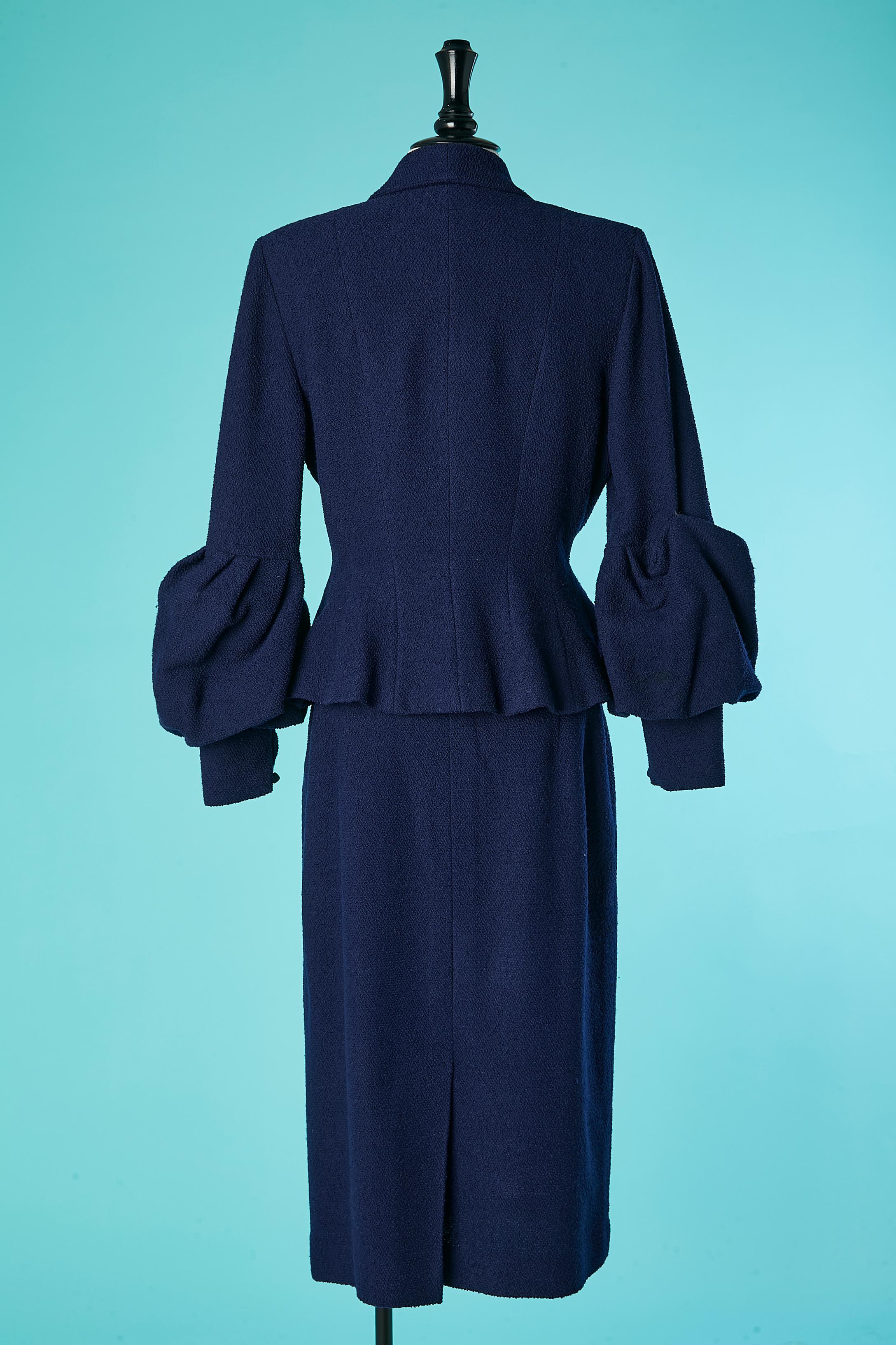 Women's Wool navy blue skirt suit with bubbling sleeves Lilli Ann  For Sale