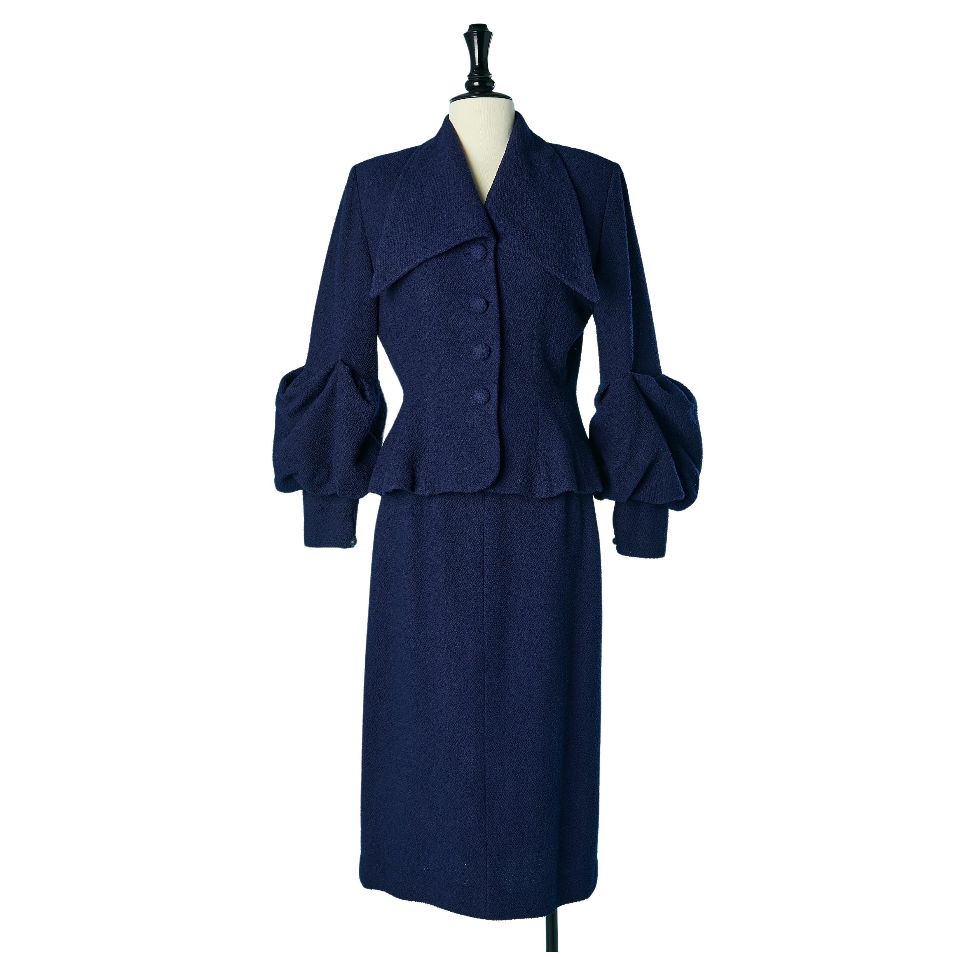Wool navy blue skirt suit with bubbling sleeves Lilli Ann  For Sale