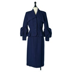 Wool navy blue skirt suit with bubbling sleeves Lilli Ann 